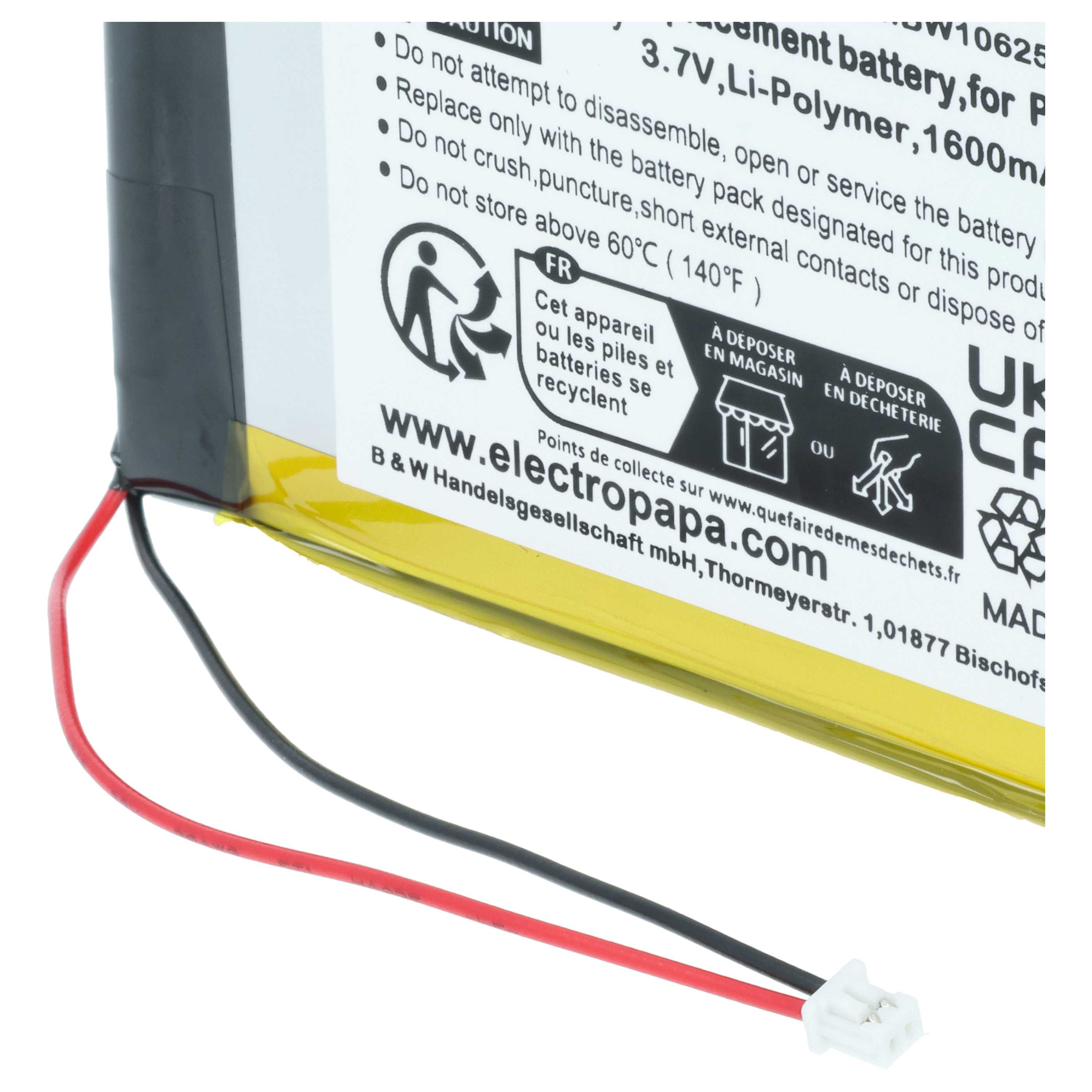 MP3-Player Battery replaces Apple UP325385A4H, P325385A4H - 1600 mAh 3.7 V Li-polymer