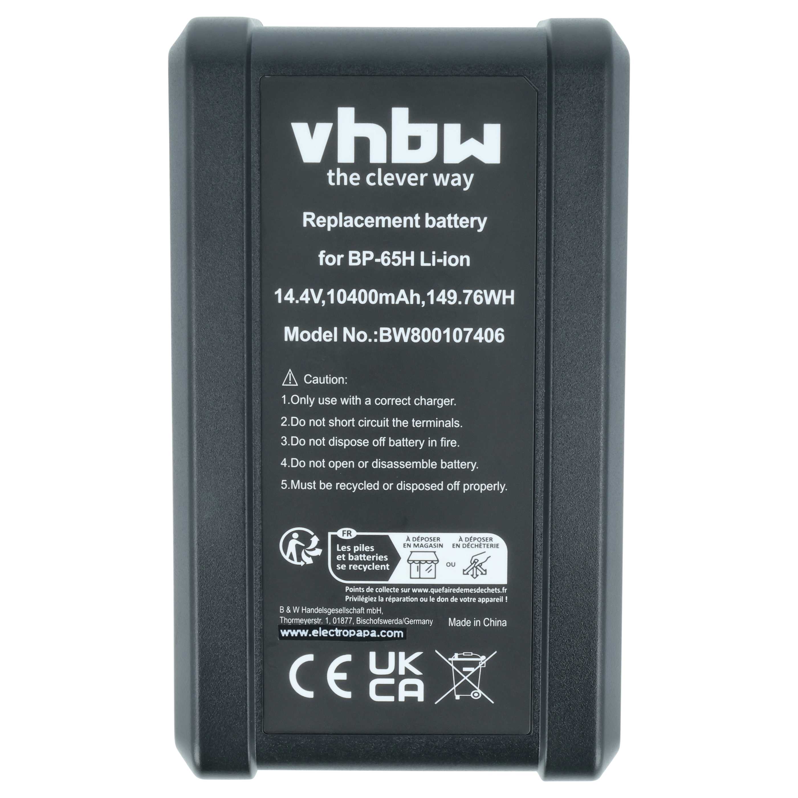 Videocamera Battery replaces Sony BP-150w, BP-150WS, BP-190S, BP-190WS, BP-230W - 10400 mAh 14.8 V Li-Ion