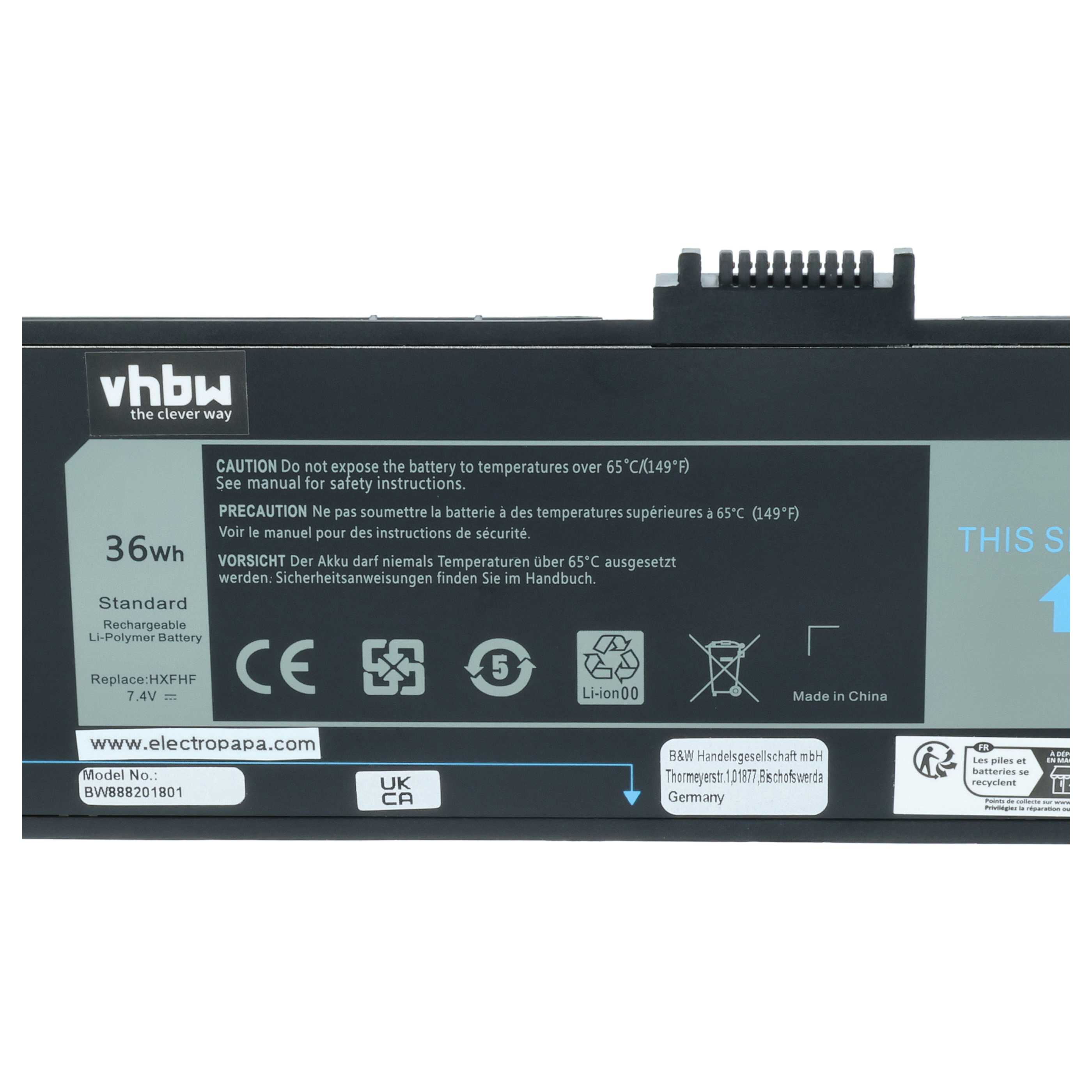 Tablet Battery replaces Dell VJF0X, HXFHF, 0VJF0X - 4850 mAh 7.4 V Li-polymer