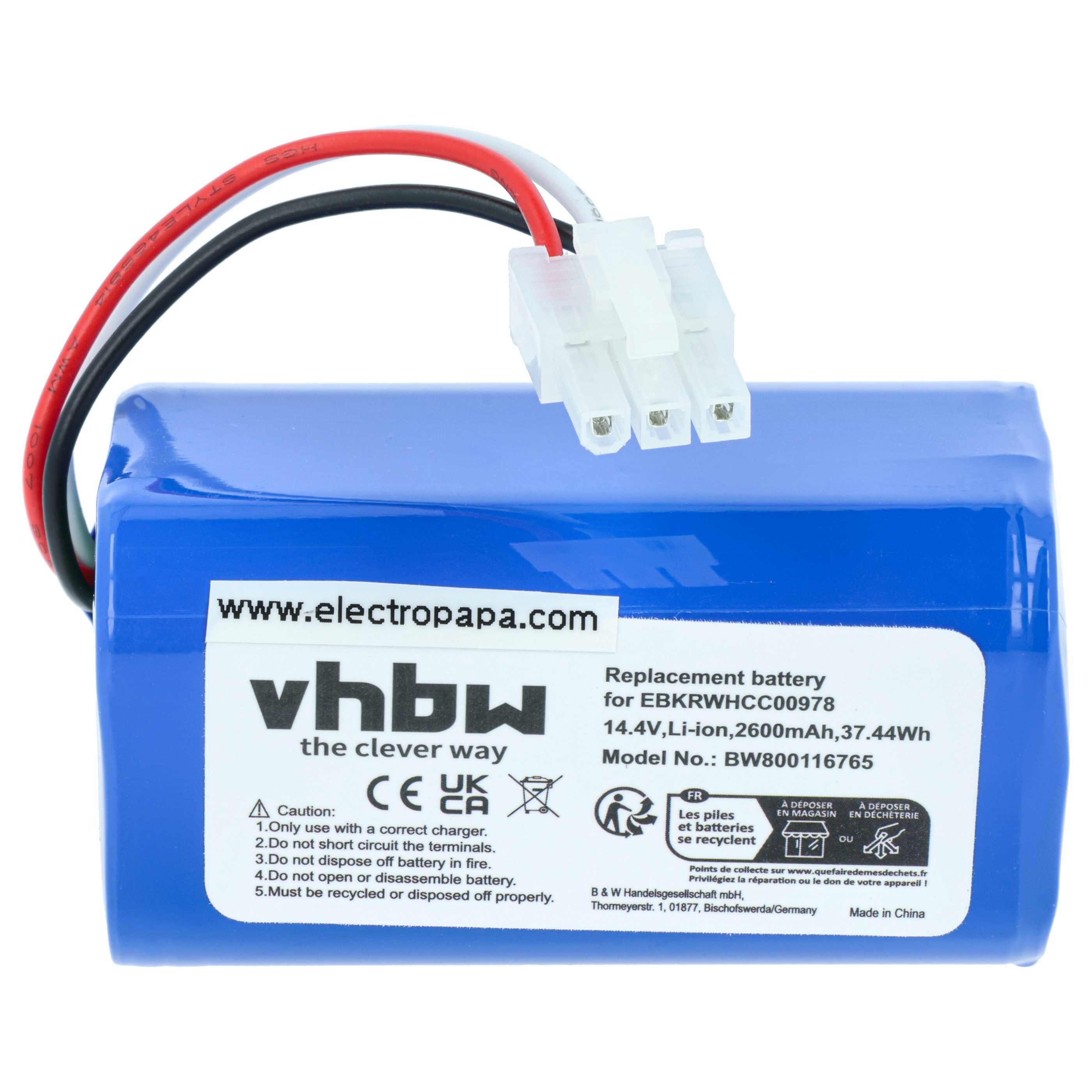 Battery replaces iClebo EBKRTRHB000118-VE, EBKRWHCC00978 for iClebo etc. 2600mAh, 14.4V, Li-Ion