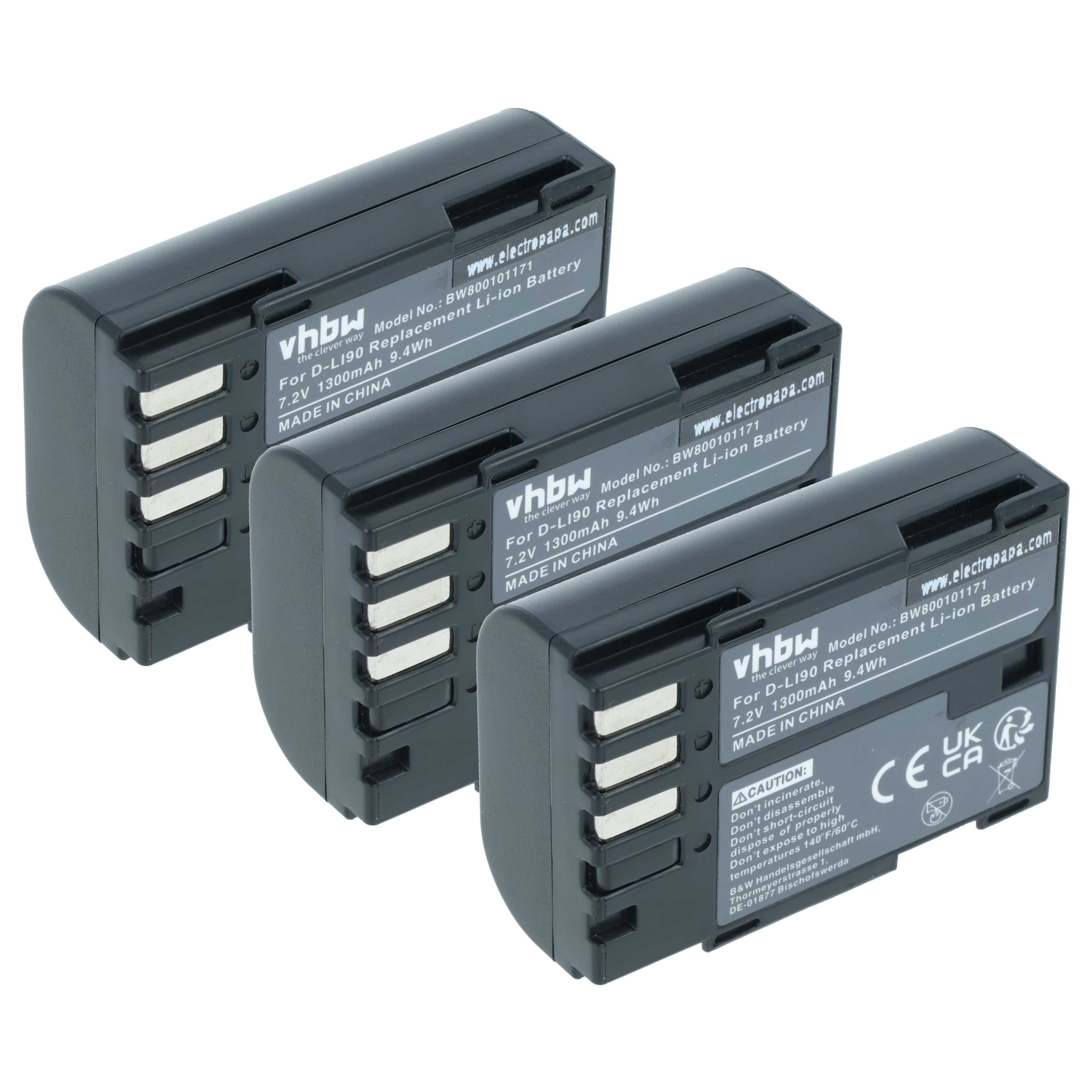 3x Battery replaces Pentax D-Li90 - 1300mAh, 7.2V, Li-Ion