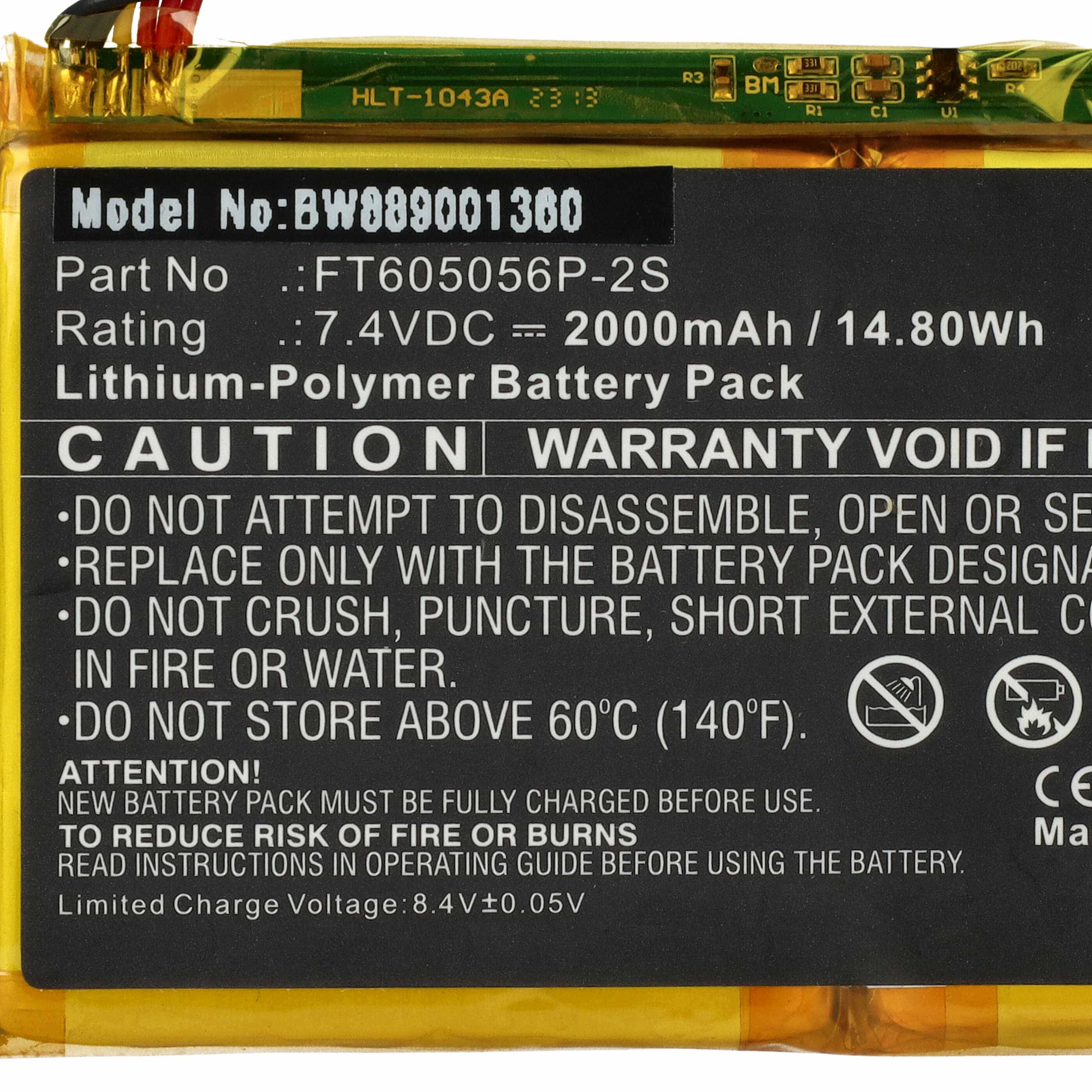 Batterie remplace Polaroid FT605056P-2S pour appareil photo - 2000mAh 7,4V Li-polymère
