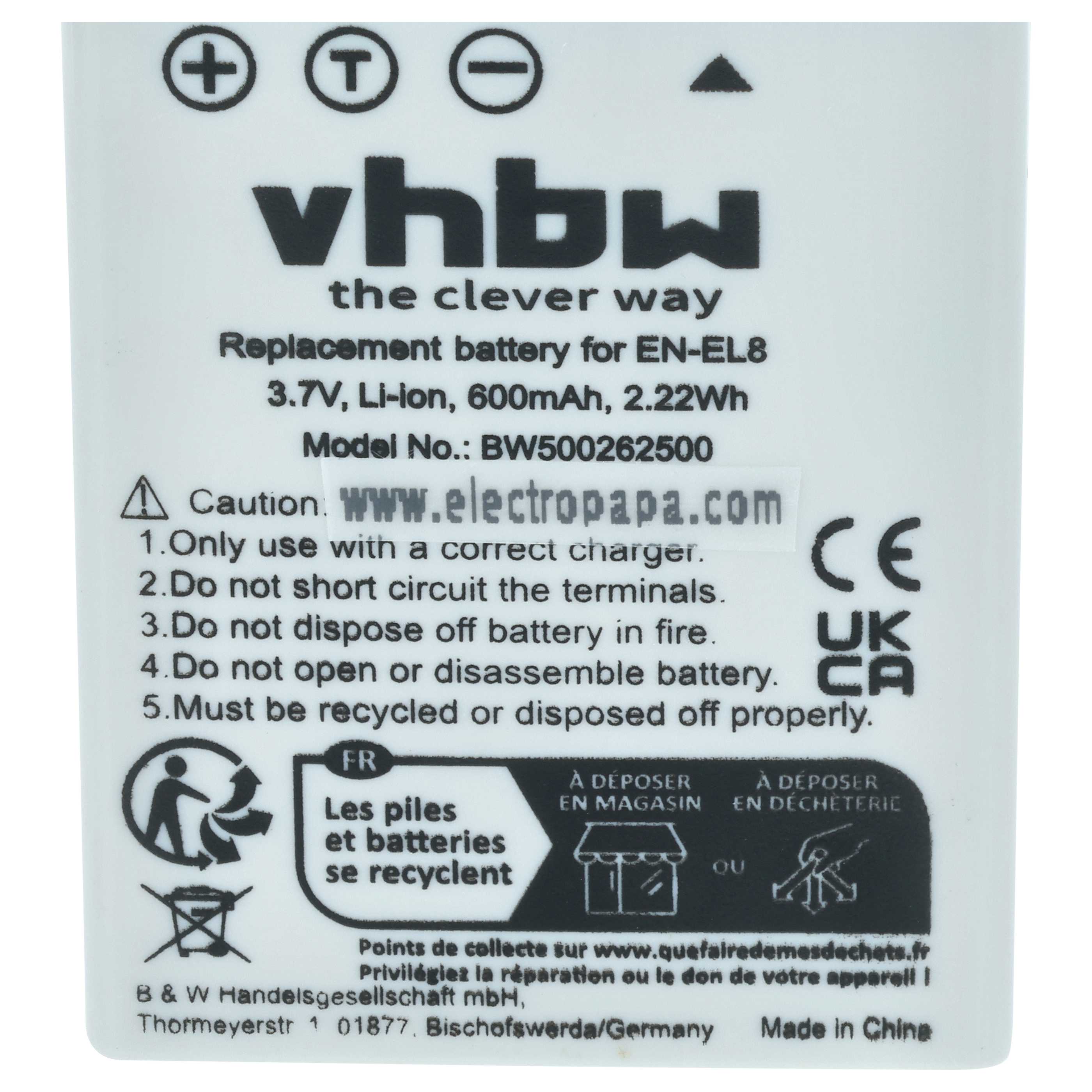 Battery replaces Nikon EN-EL8 - 600mAh, 3.6V, Li-Ion