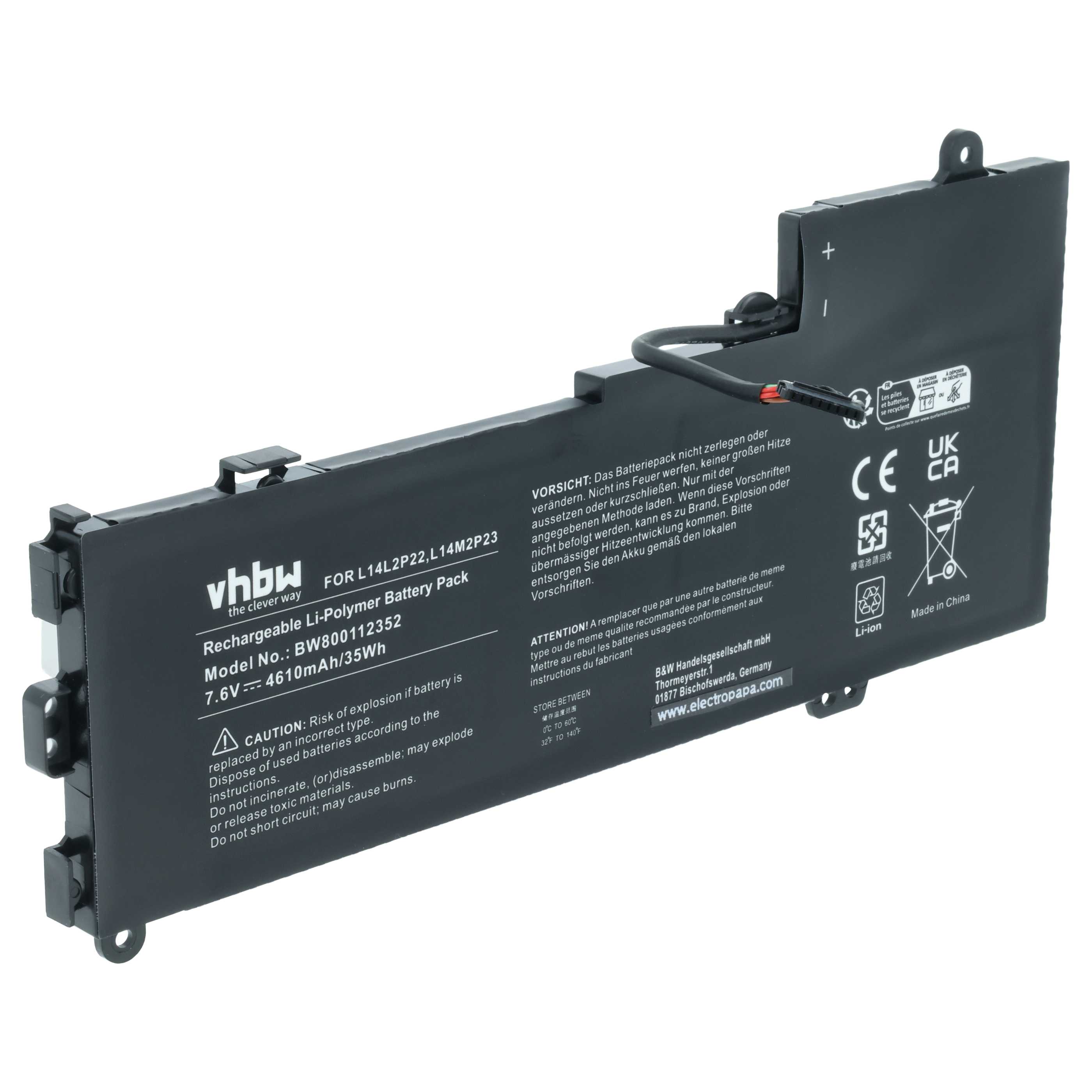 Notebook-Akku als Ersatz für Lenovo L14M2P24, L14L2P22, L14S2P22 - 4610mAh 7,6V Li-Polymer, schwarz