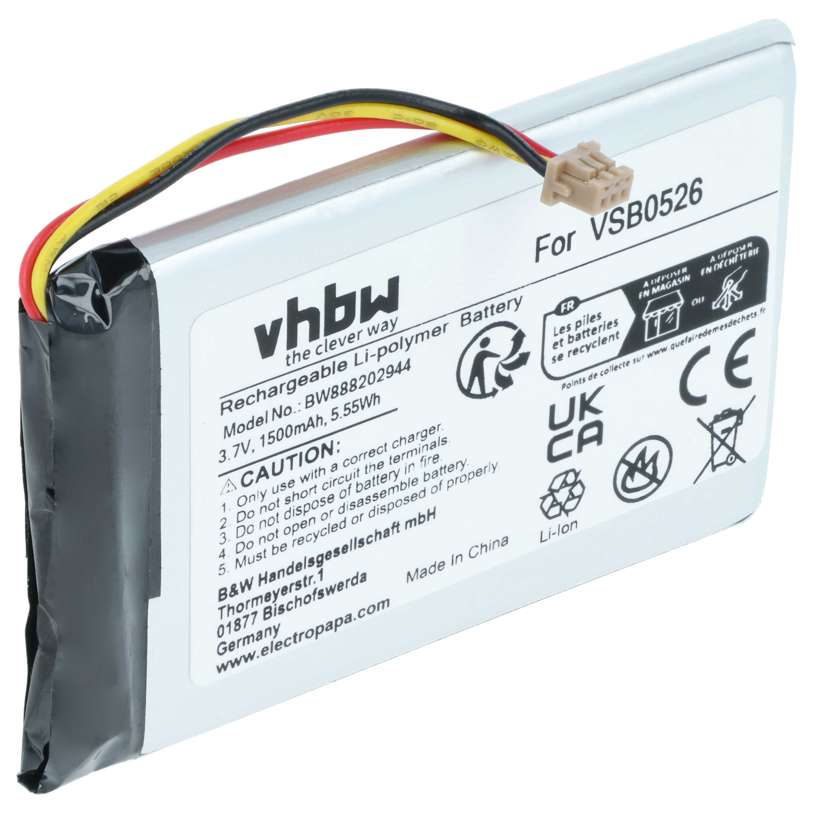Battery replaces Panasonic VSB0526 - 1500mAh, 3.7V, Li-polymer