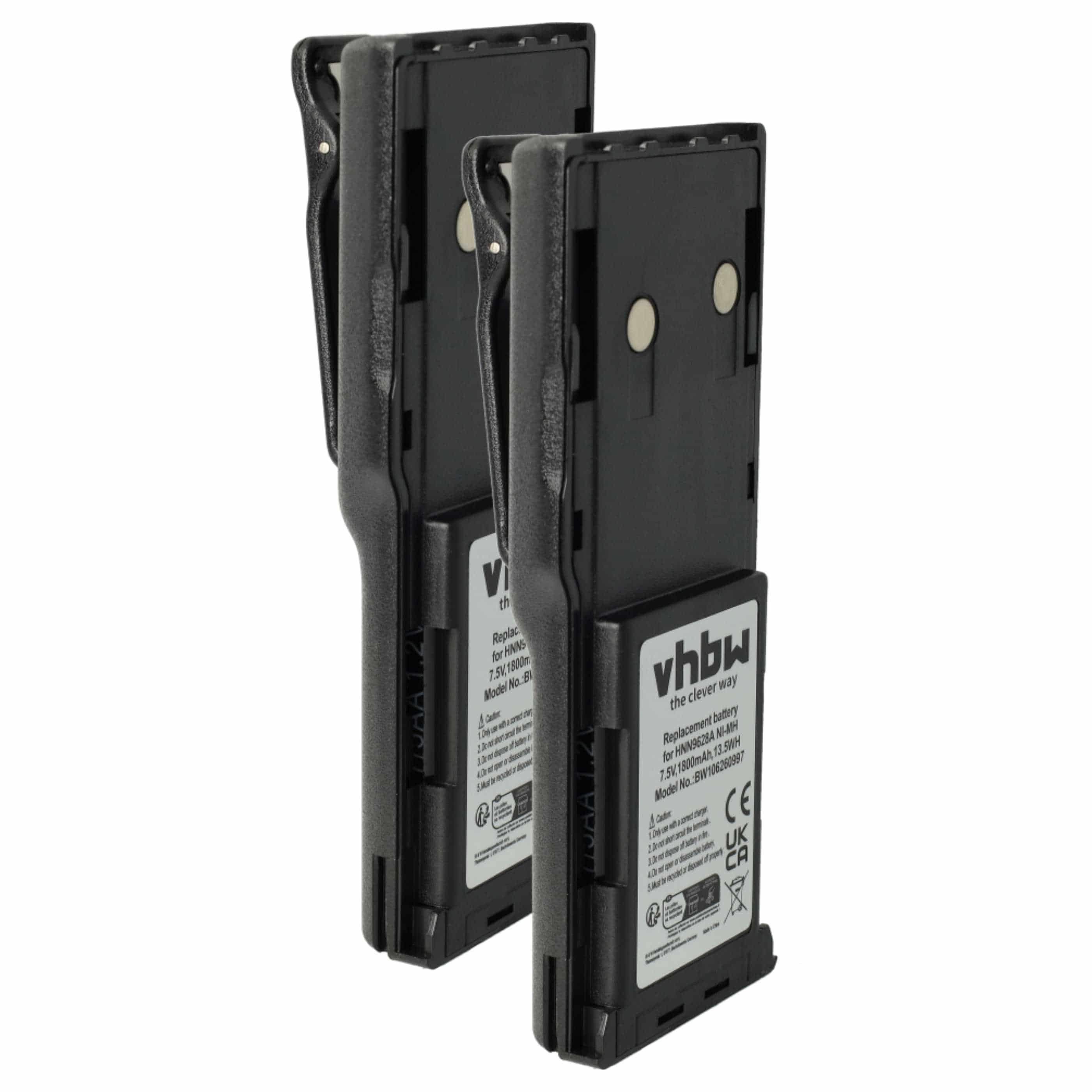 Radio 2x Battery replaces Motorola HNN8133C, HNN9628A, HNN8308A, HNN9628 - 1800 mAh 7.5 V NiMH + Belt Clip