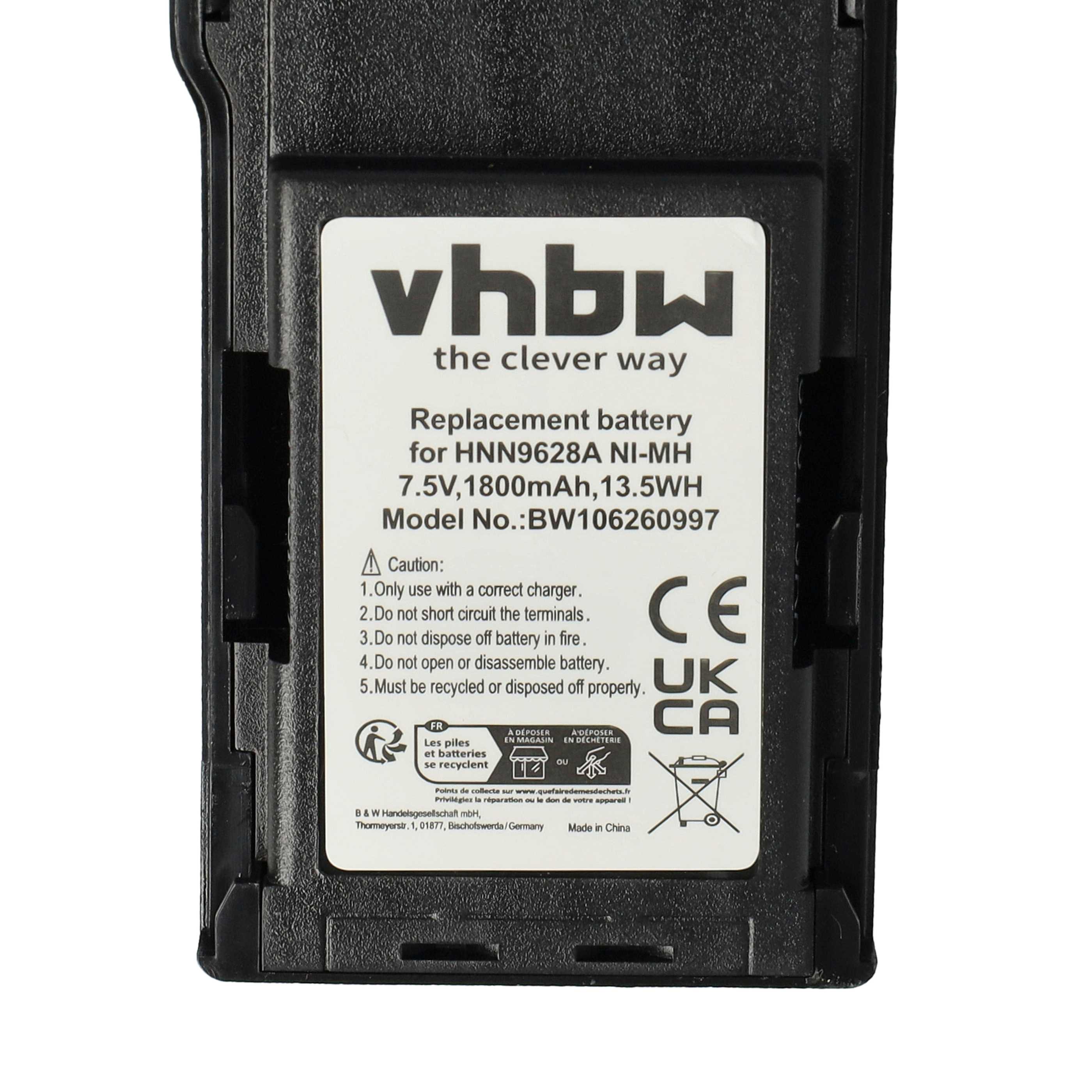 Radio 10x Battery replaces Motorola HNN8133C, HNN9628A, HNN8308A, HNN9628 - 1800 mAh 7.5 V NiMH + Belt Clip