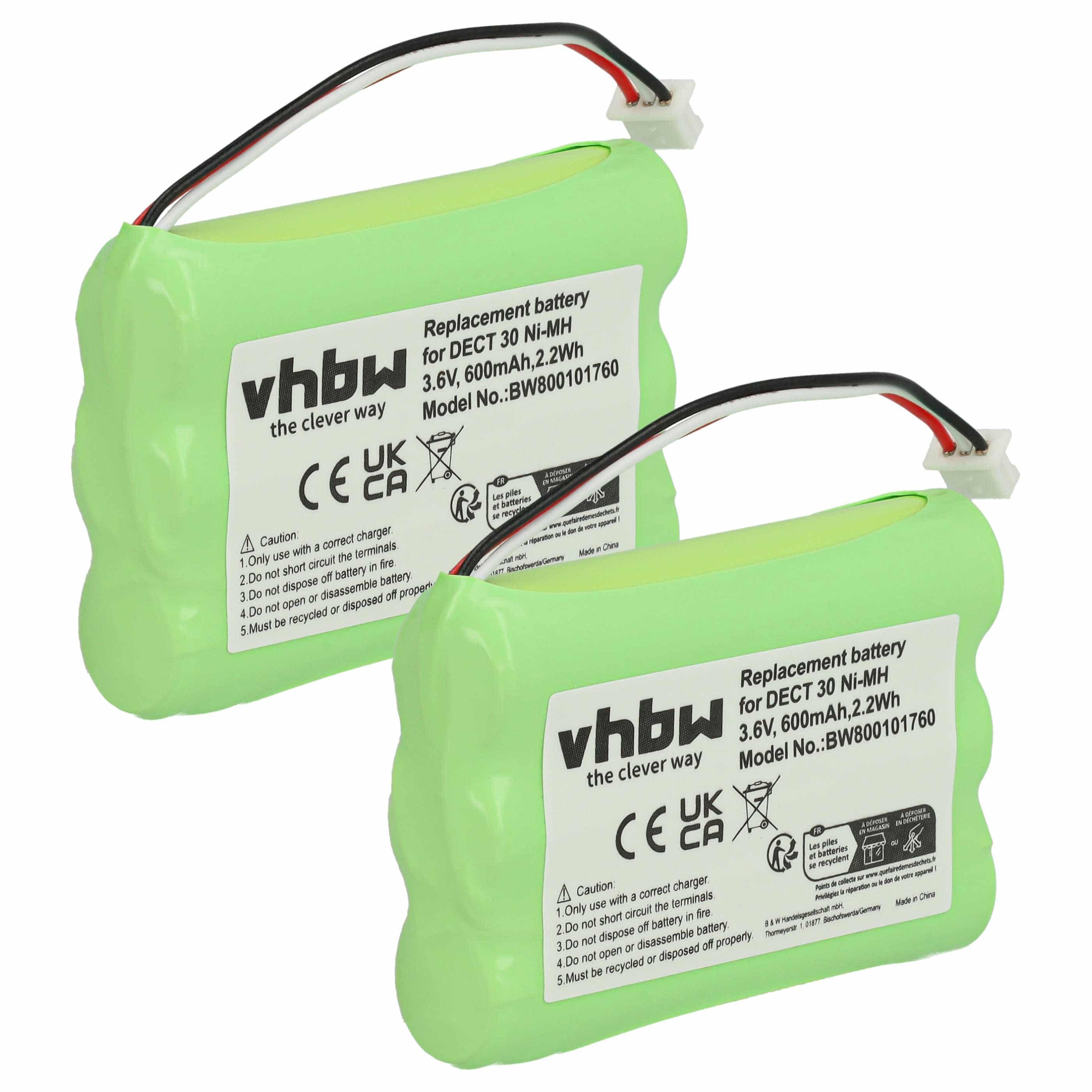 2x Batteries remplace Agfeo 23NO09TT30, 84743411, AH-AAA600F pour téléphone Agfeo - 600mAh 3,6V NiMH
