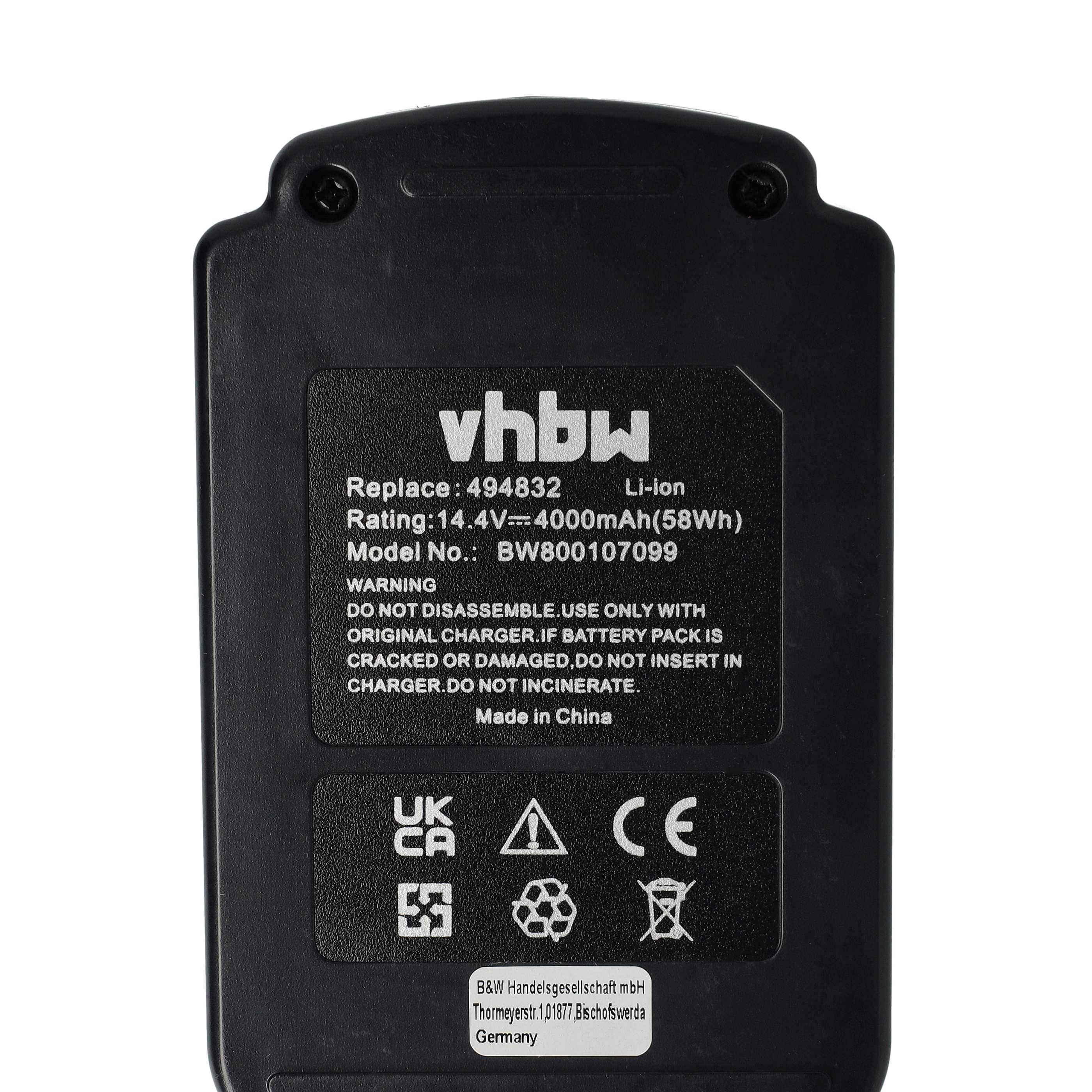 Battery replaces Festo Festool 498341, 498340, BPC 15, 494832 Electric Power Tool - 4000 mAh, 14.4 V, Li-Ion