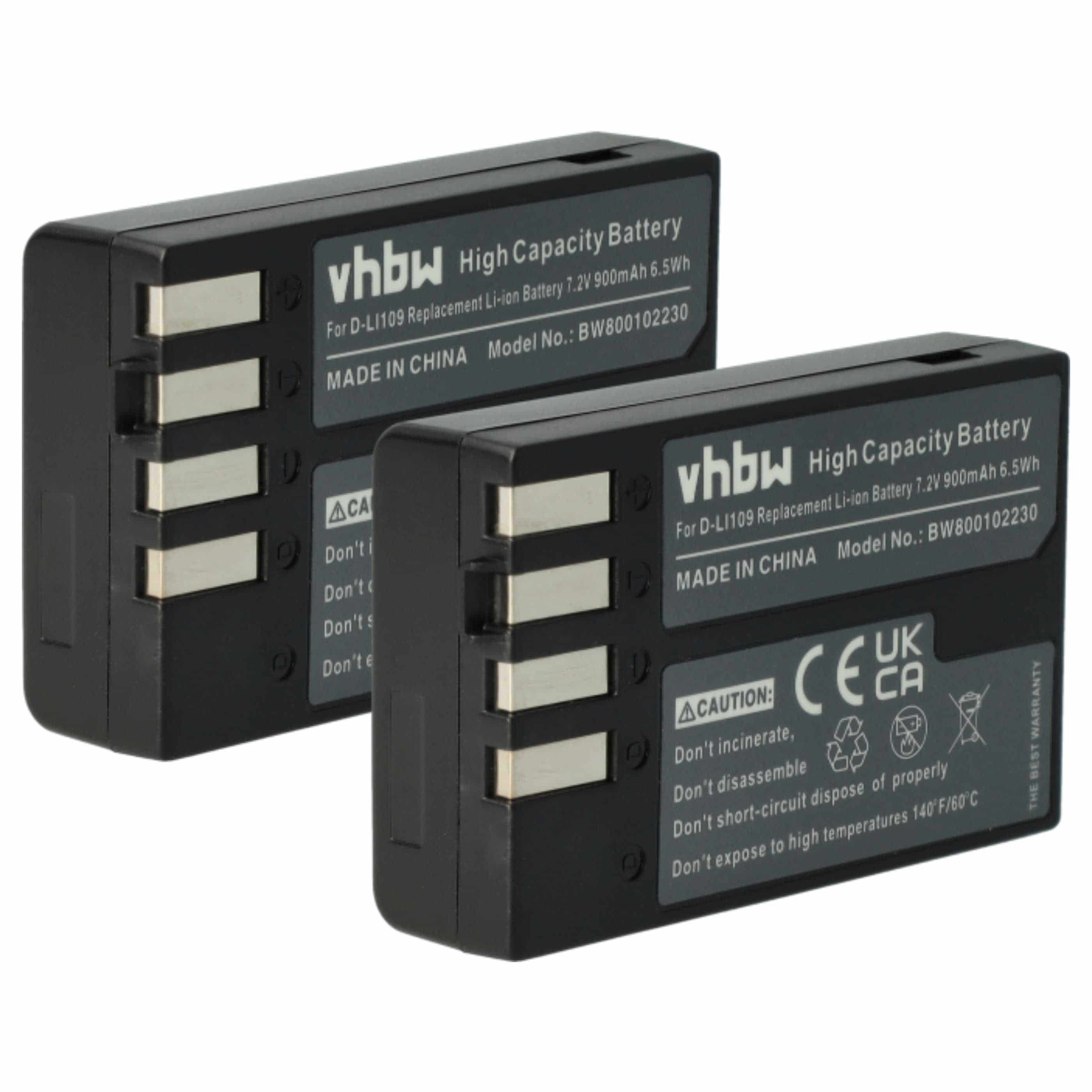 2x Battery replaces Pentax D-Li109 - 900mAh, 7.2V, Li-Ion
