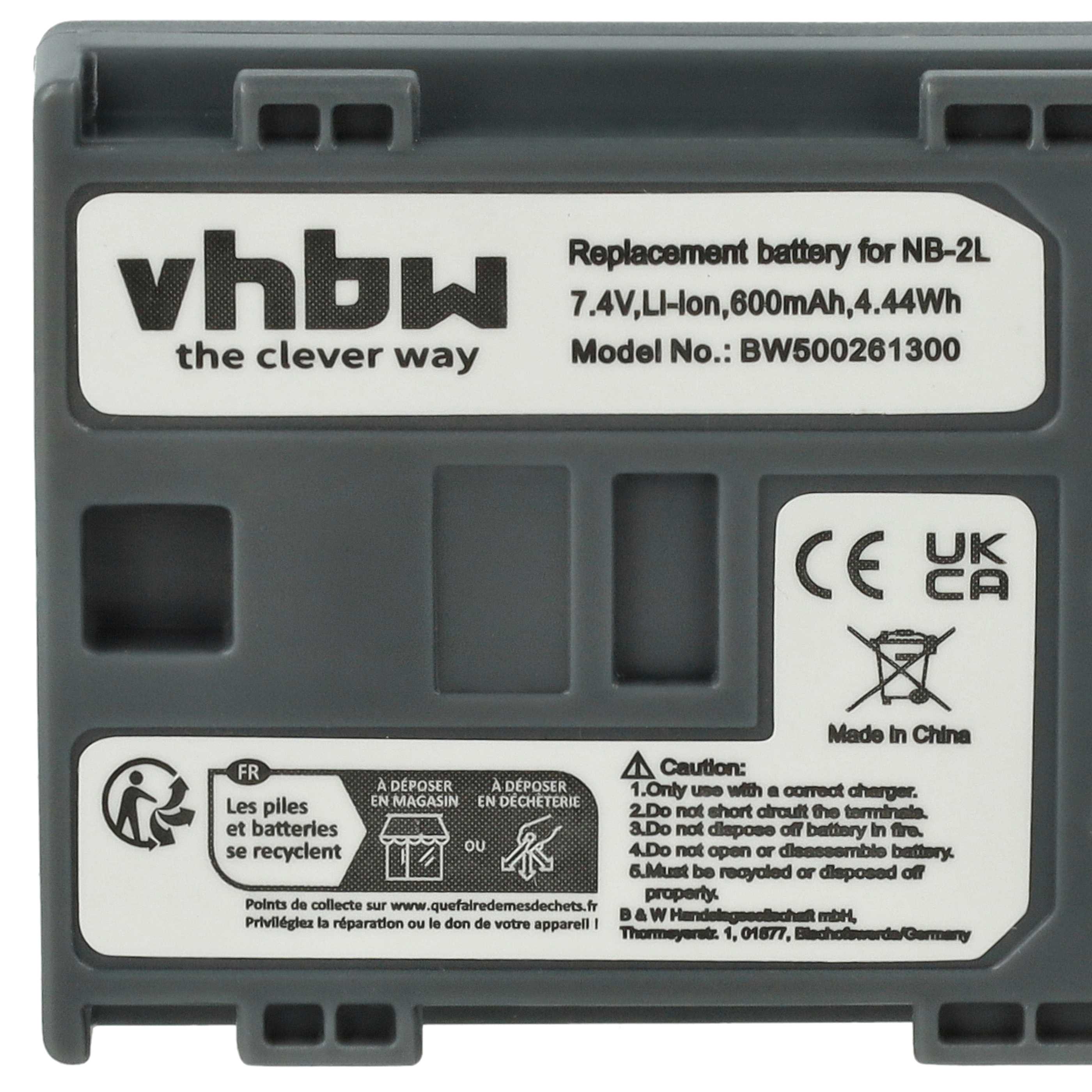 Batterie remplace Canon NB-2LH, NB-2L pour caméscope - 600mAh 7,2V Li-ion