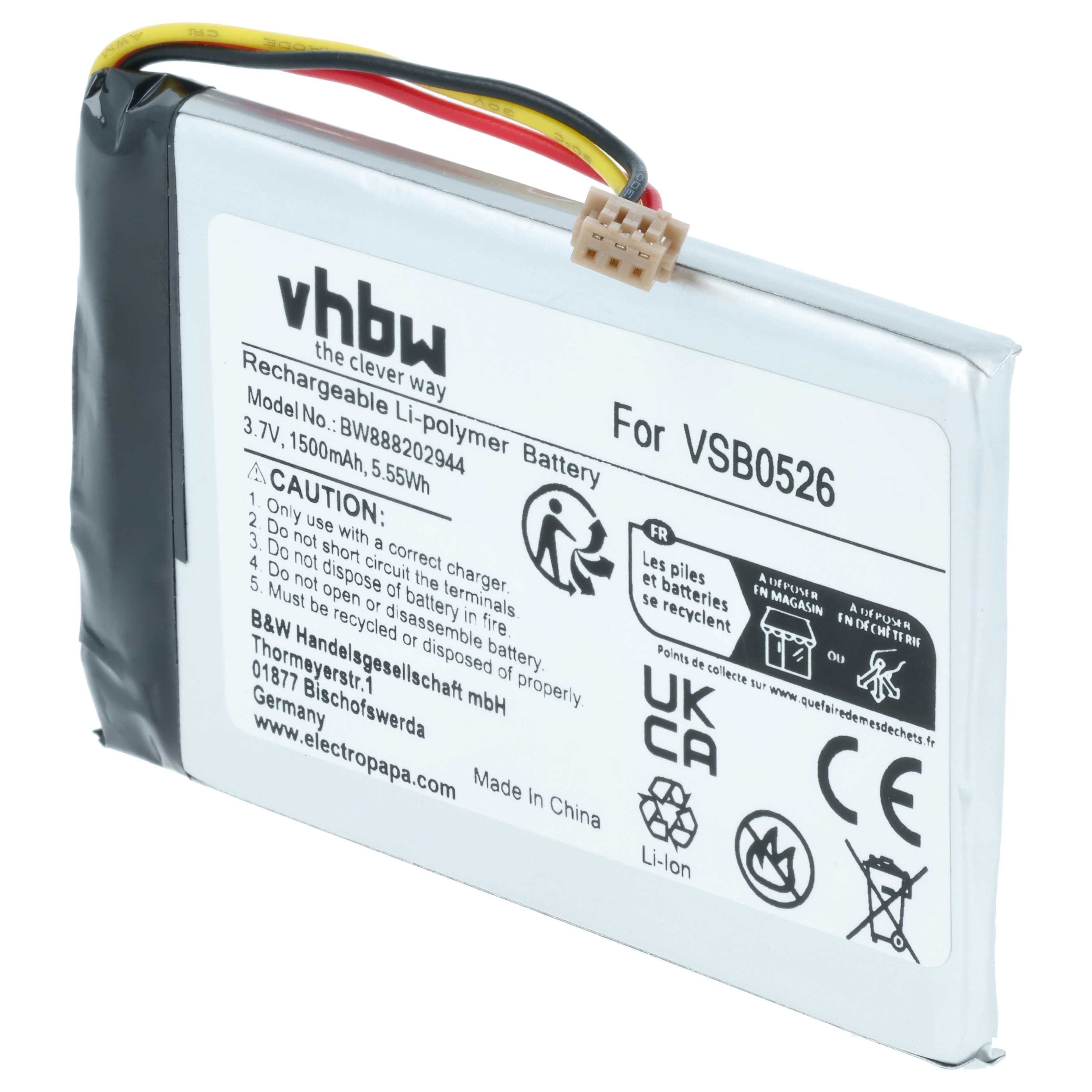 Battery replaces Panasonic VSB0526 - 1500mAh, 3.7V, Li-polymer