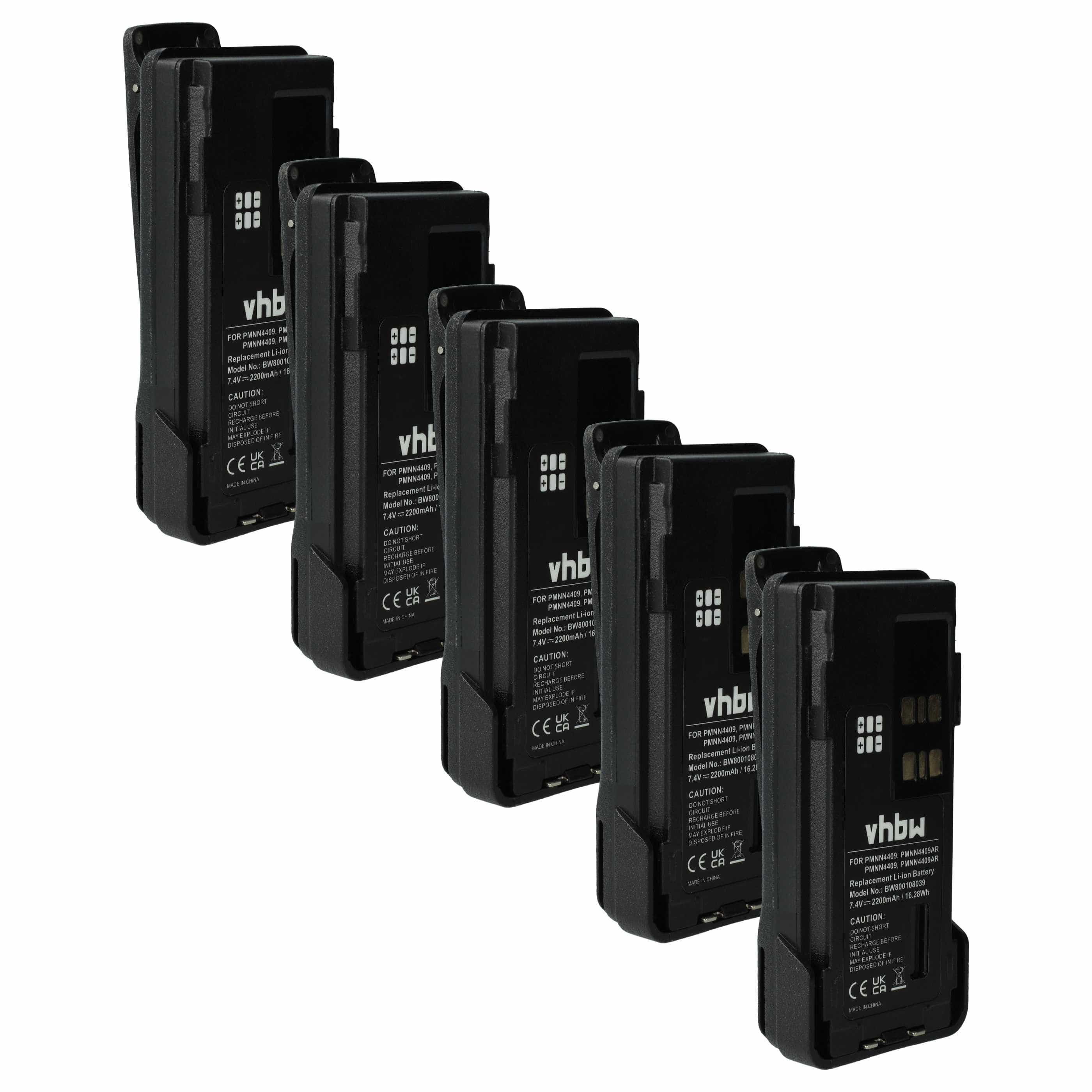 Radio 5x Battery replaces Motorola PMNN4406BR, PMNN4406, PMNN4409 - 2200 mAh 7.4 V Li-Ion + Belt Clip