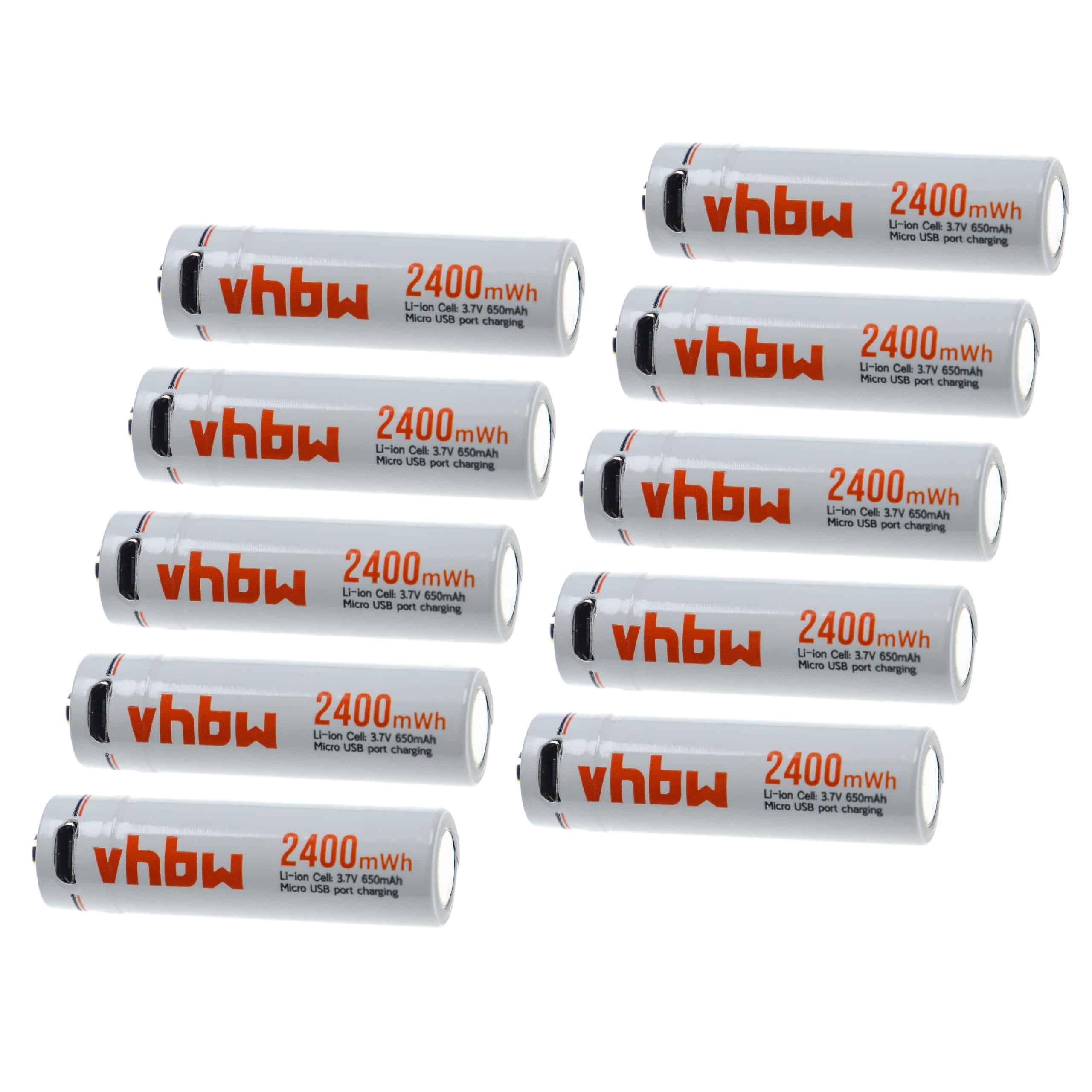 vhbw 10x Piles rechargeables AA mignon (AA) - Avec prise micro-USB, 650 mAh, 3,7 V, Li-ion