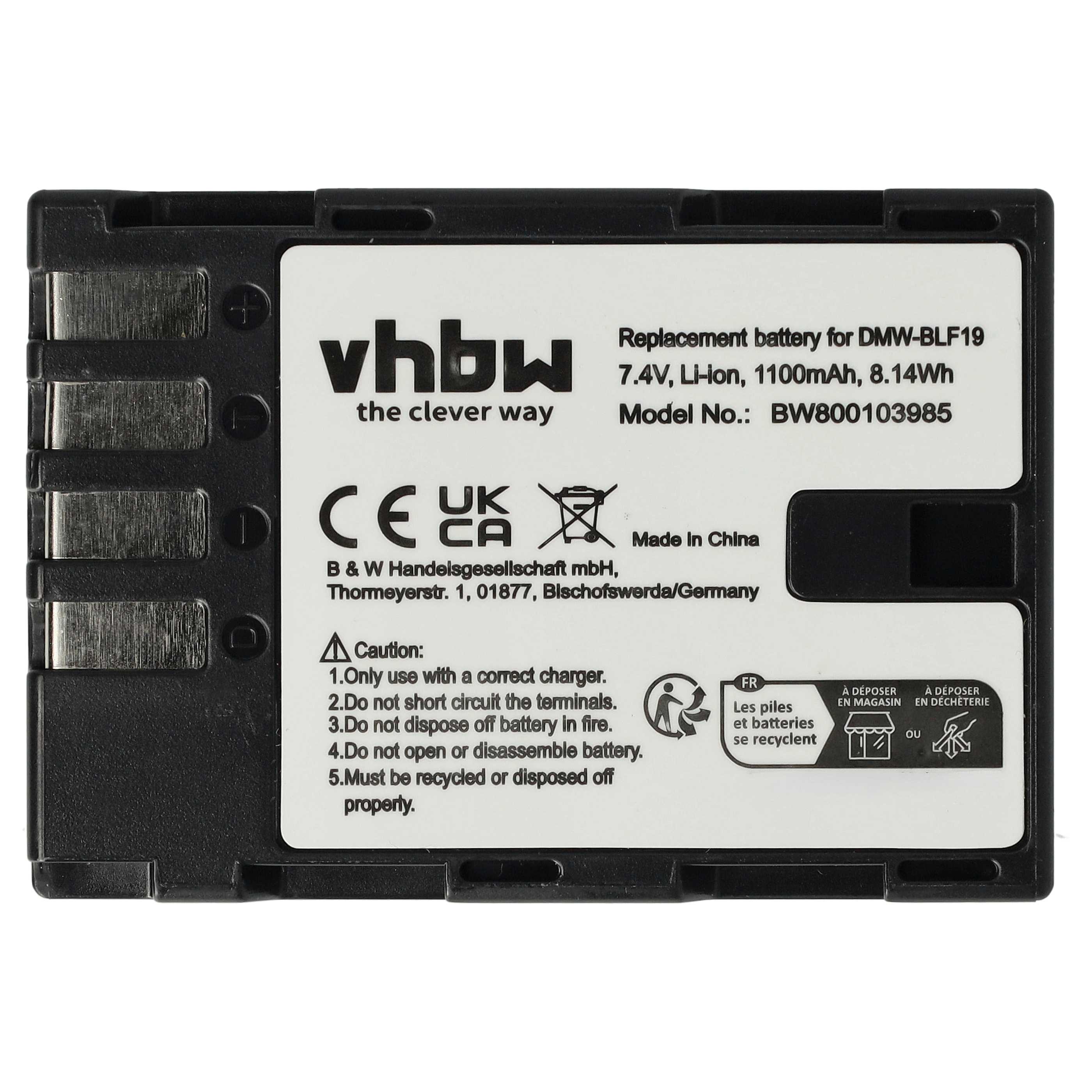 Battery replaces Panasonic DMW-BLF19E, DMW-BLF19 - 1100mAh, 7.2V, Li-Ion