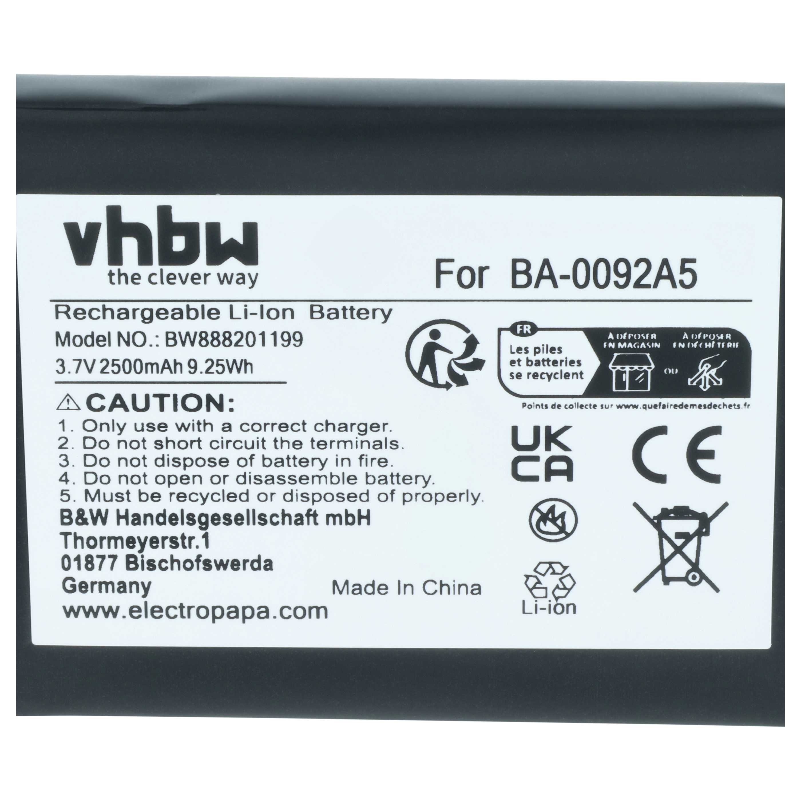 Akku als Ersatz für CipherLab BA-0092A5, BT-160LA für CipherLab Barcodescanner - 2500mAh 3,7V Li-Ion