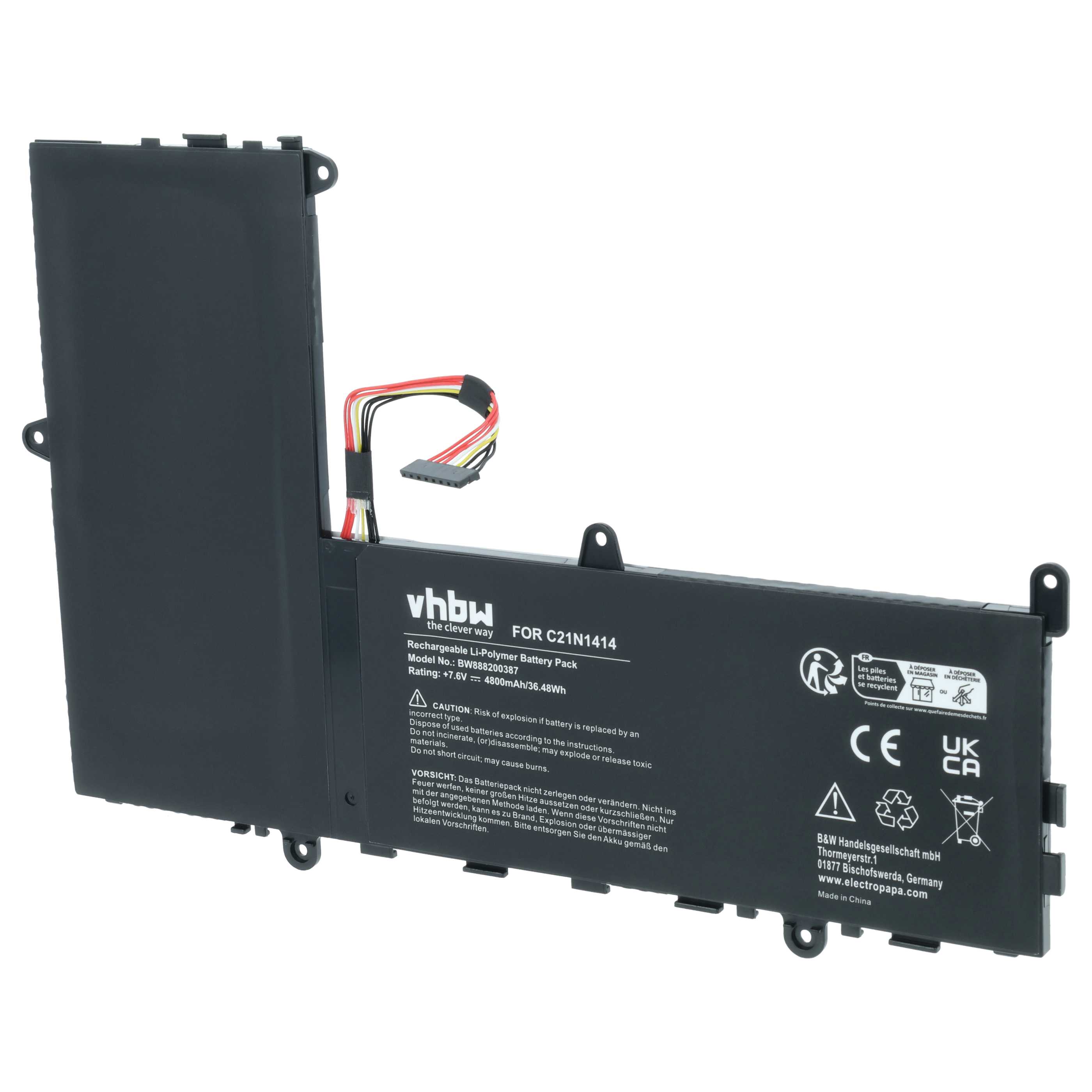 Akumulator do laptopa zamiennik Asus C21N1414, 0B200-0124000 - 4800 mAh 7,6 V LiPo, czarny
