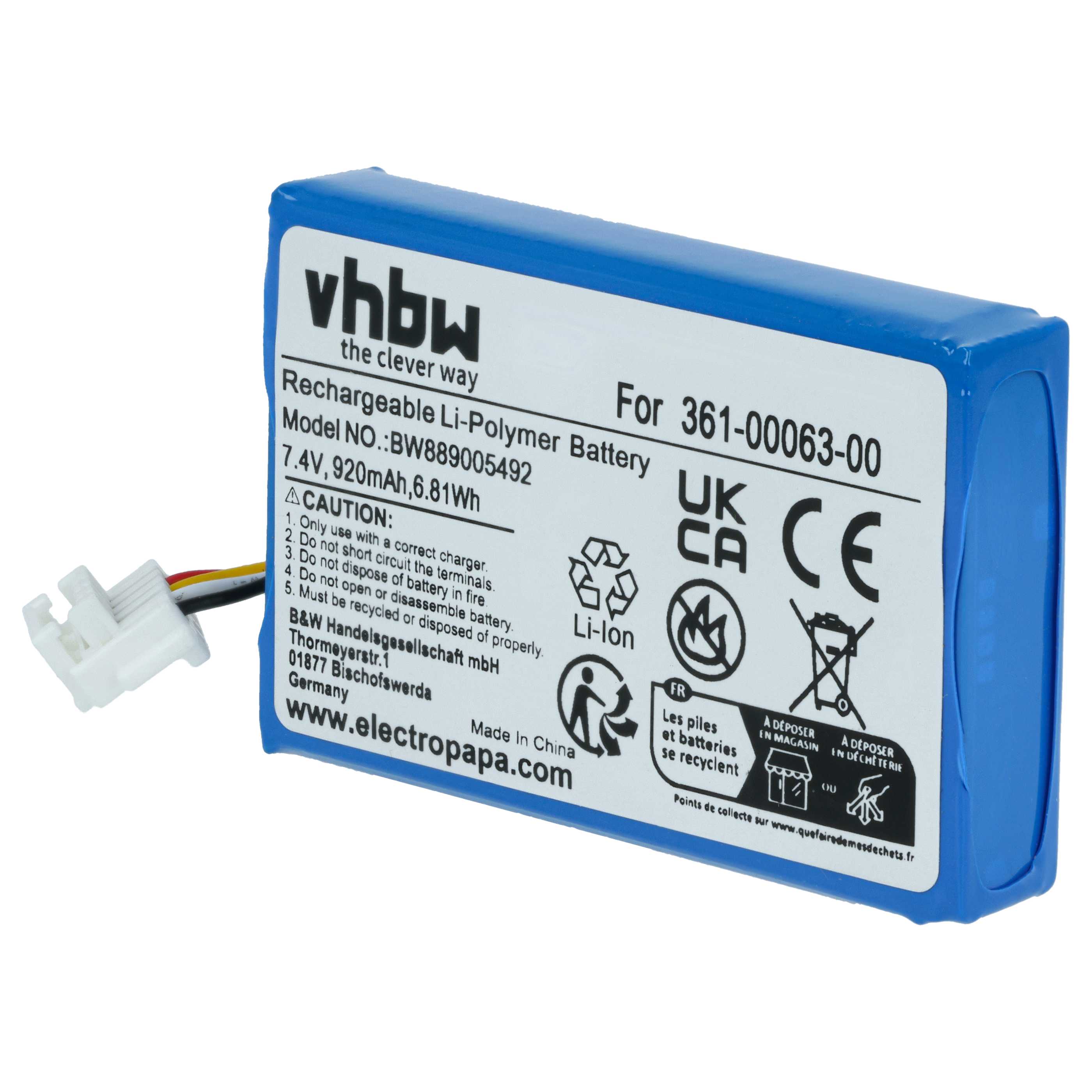 GPS Navigation-Akku als Ersatz für Garmin 361-00063-00 - 920mAh 7,4V Li-Polymer