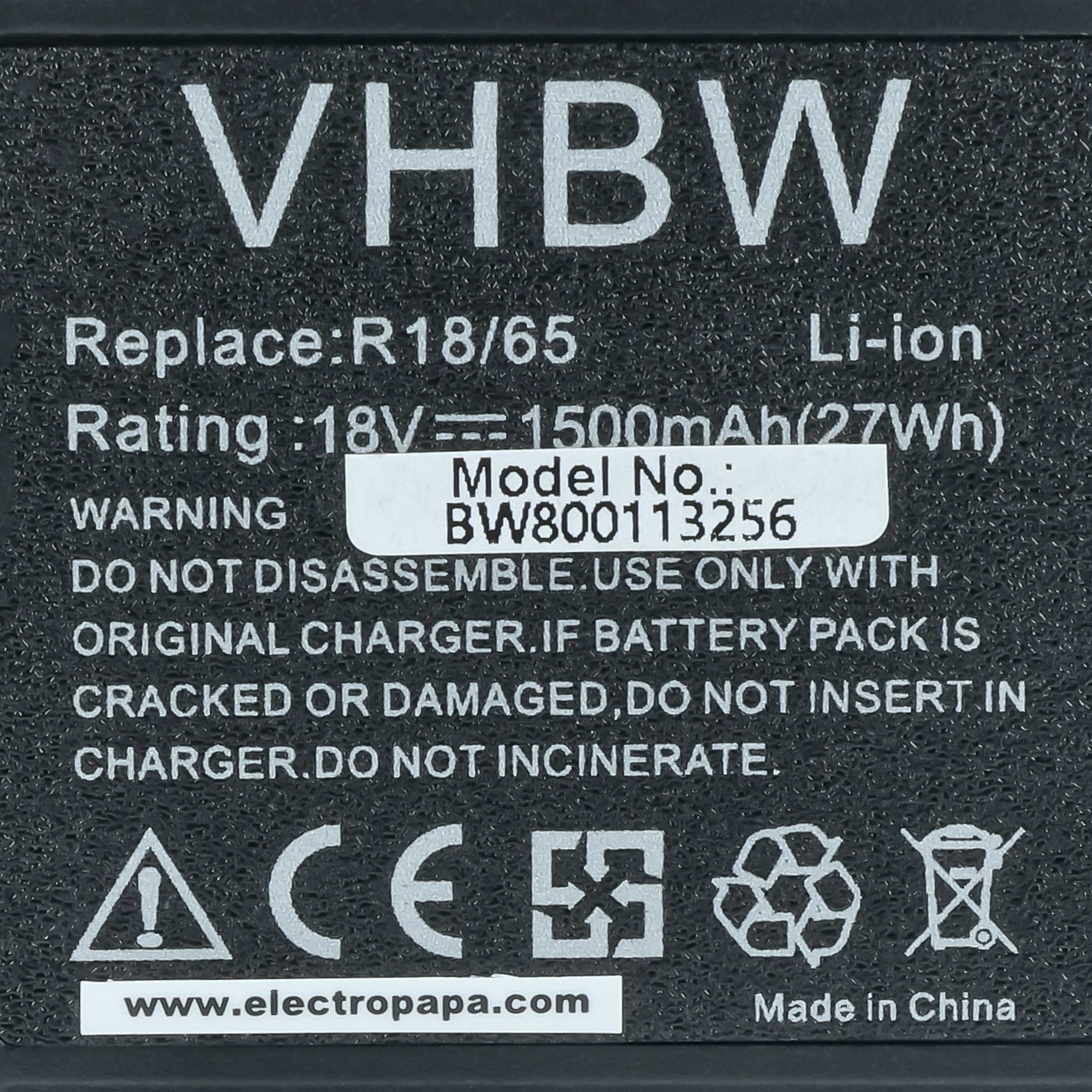Battery replaces Meister Craft 5451270, R18/65 Electric Power Tool - 1500 mAh, 18 V, Li-Ion