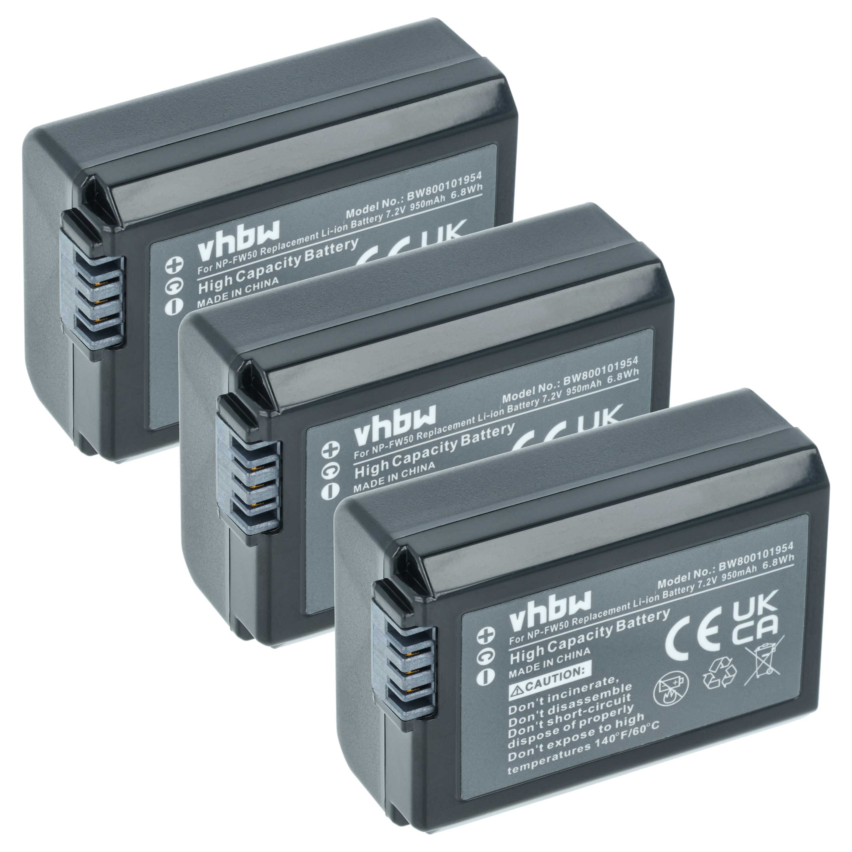 3x Battery replaces Sony NP-FW50 - 950mAh, 7.2V, Li-Ion with Info Chip