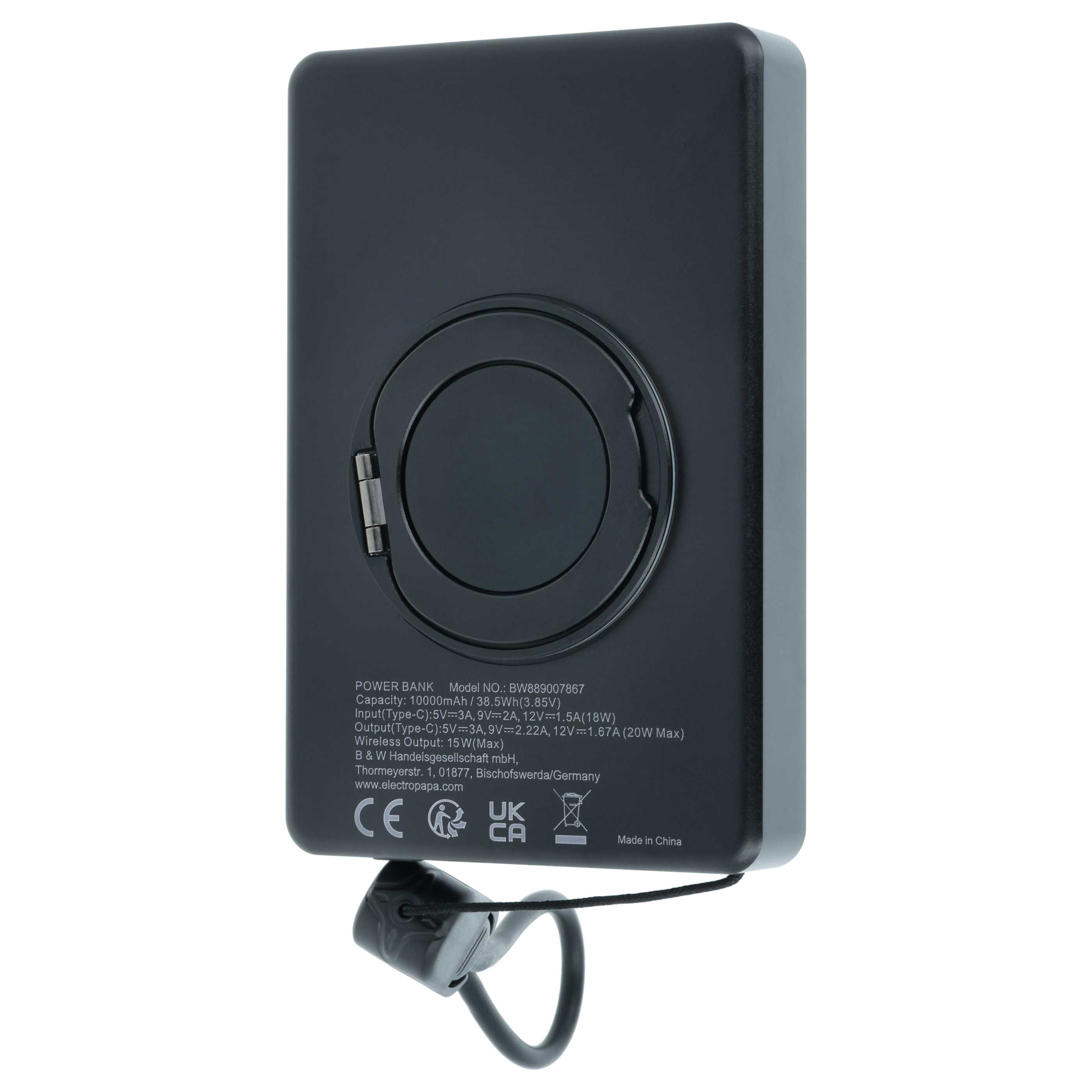 Magnetische Wireless Powerbank 10000 mAh passend für z.B. iPhone, Samsung, Xiaomi - Schwarz