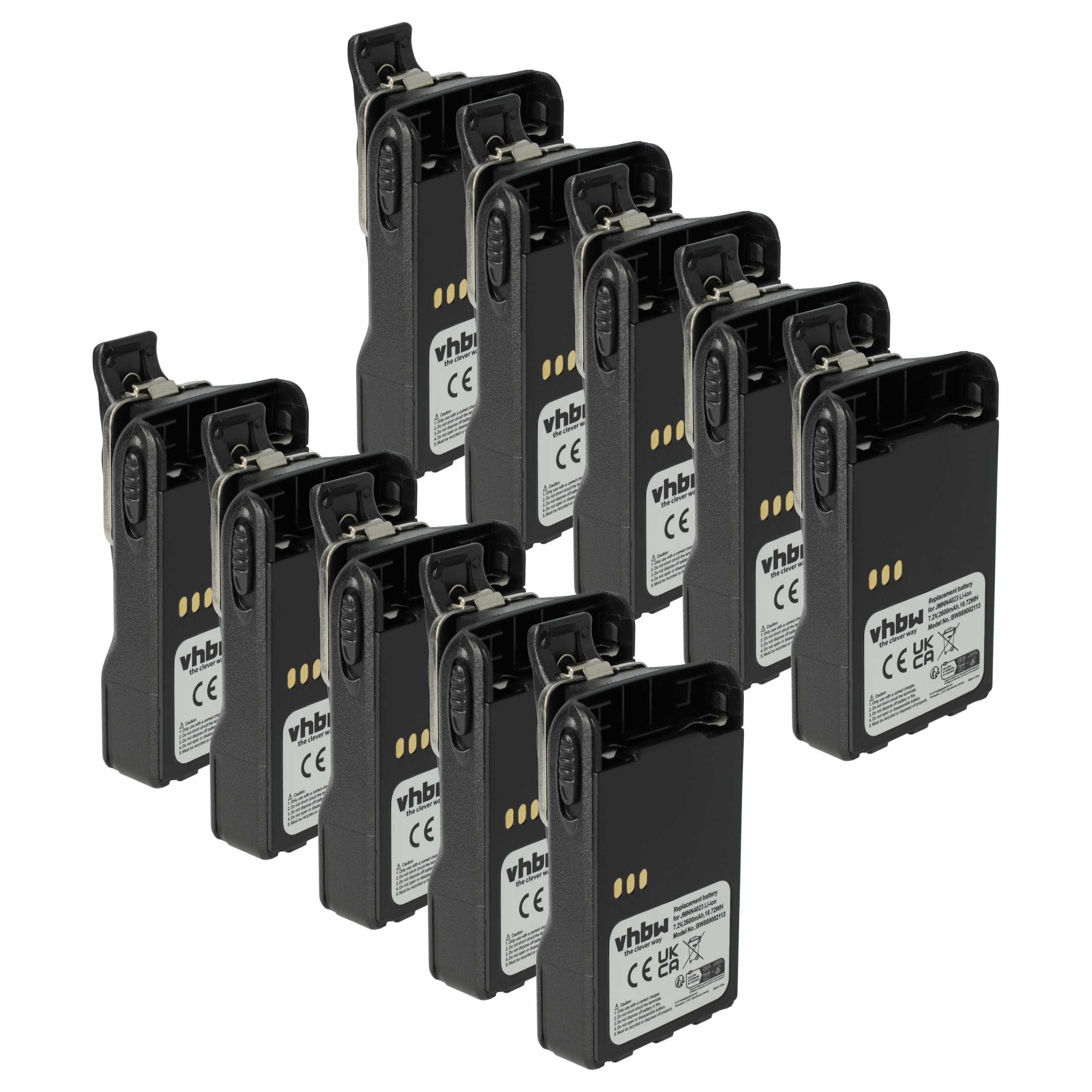 Radio 10x Battery replaces Motorola JMNN4023BR, JMNN4023, JMNN4024 - 2600 mAh 7.2 V Li-Ion + Belt Clip