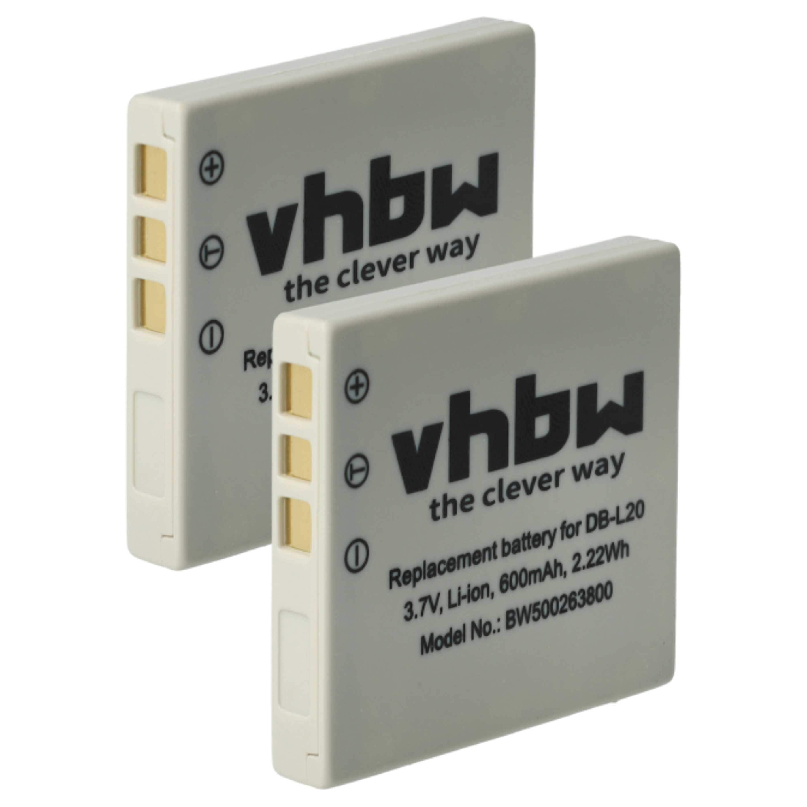 2x Battery replaces Sanyo DB-L20, DB-L20A, DB-L20AEX - 600mAh, 3.7V, Li-Ion