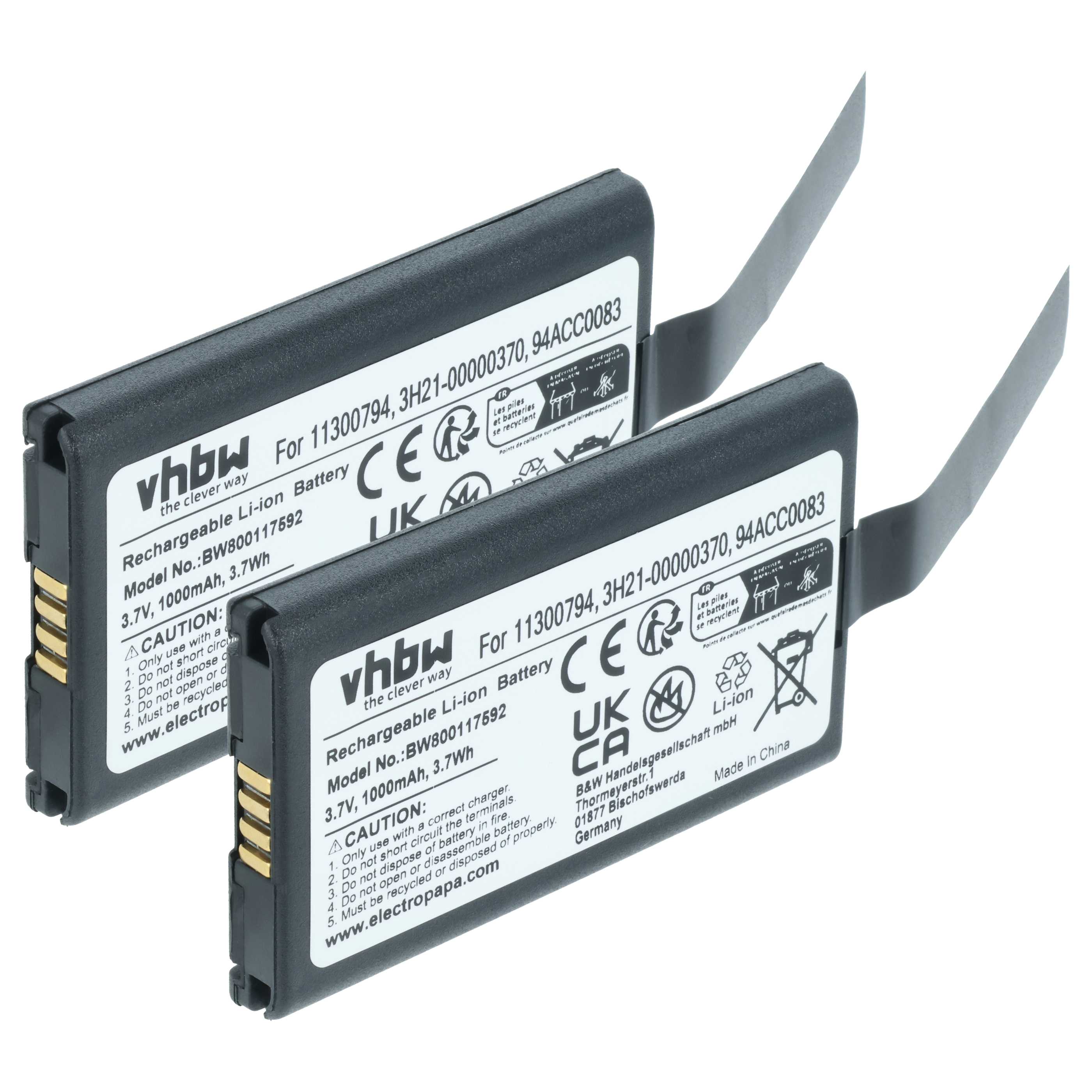 2x Akku als Ersatz für Datalogic 11300794, 3H21-00000370 für Datalogic Barcodescanner - 1000mAh 3,7V Li-Ion