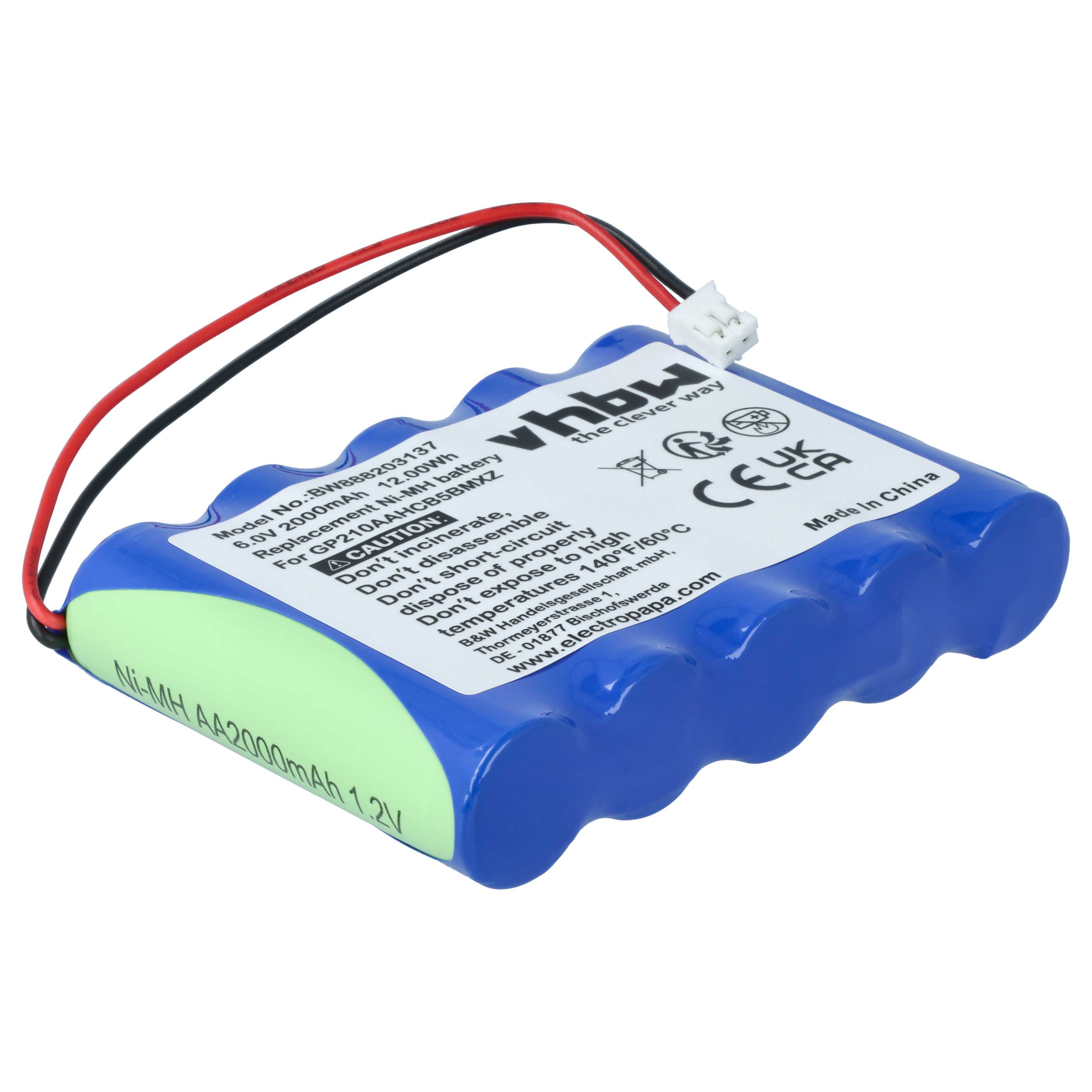 Batería reemplaza VDW GP210AAHCB5BMXZ para tecnología médica (2000 mAh, 6 V, NiMH)