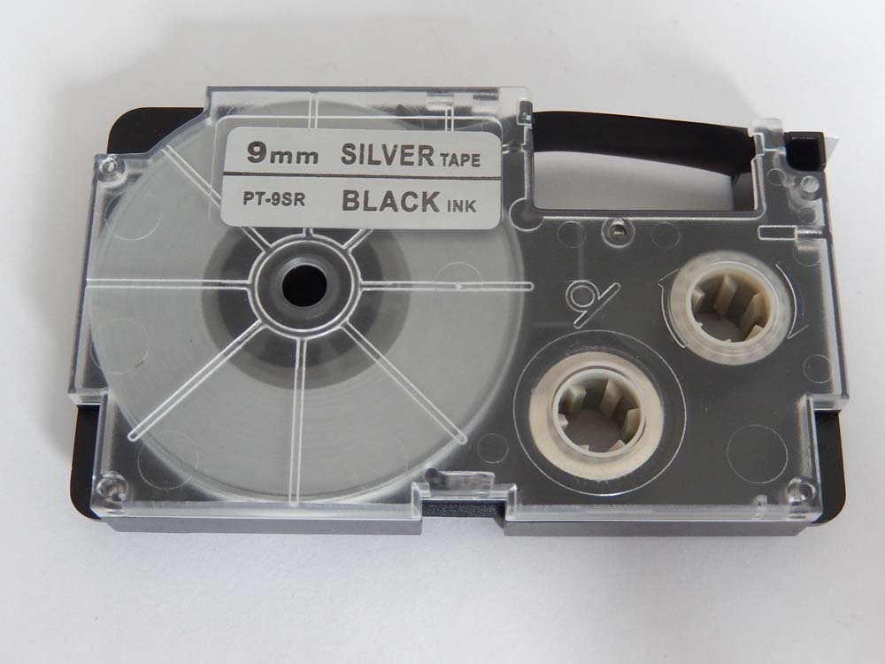 Label Tape as Replacement for Casio XR-9SR1 - 9 mm Black to Silver
