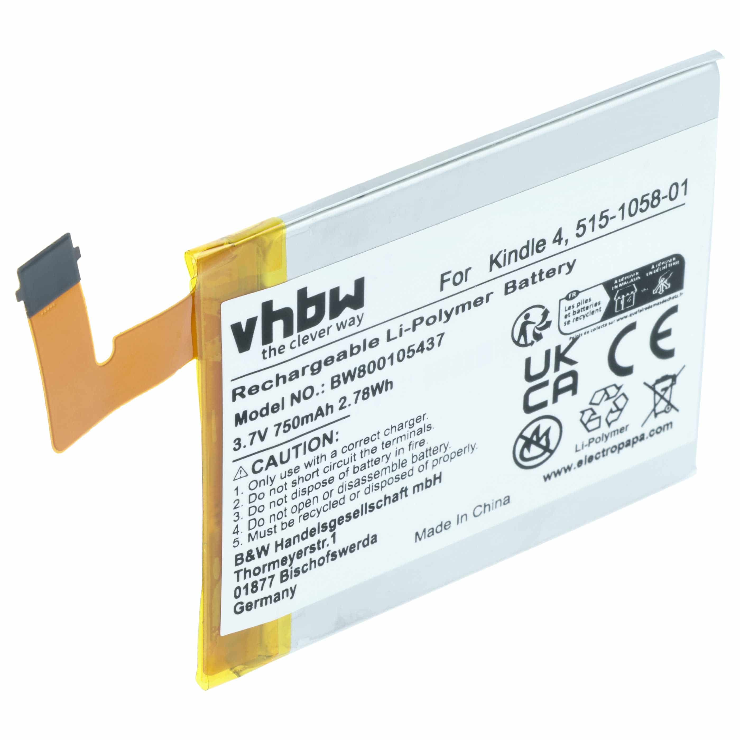 E-Book Battery replaces Amazon 515-1058-01, M11090355152, MC-265360, S2011-001-S - 750 mAh 3.7 V Li-polymer