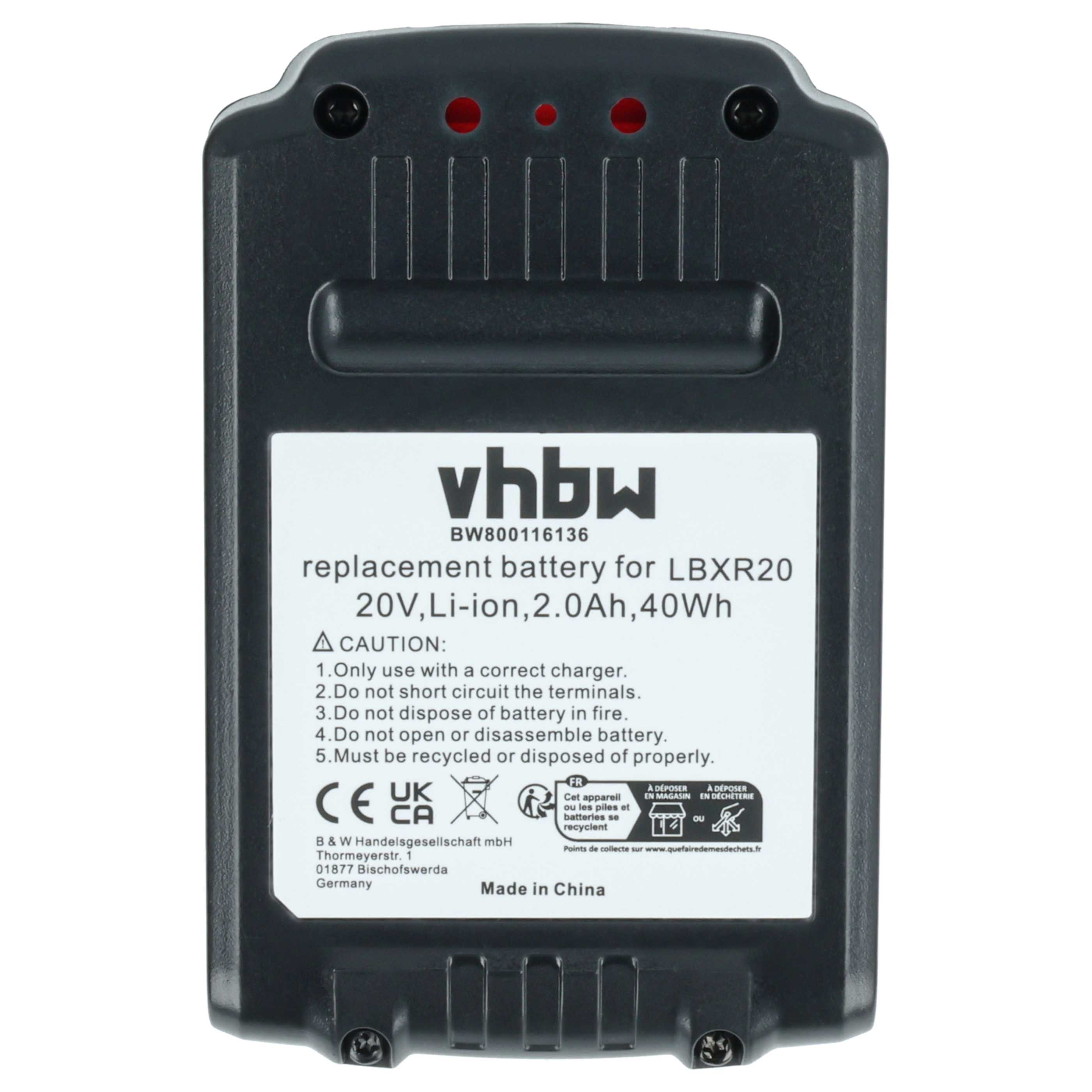 Battery replaces Black & Decker LBXR20, LBX20, LB20, LB2X4020 Electric Power Tool - 2000 mAh, 20 V, Li-Ion