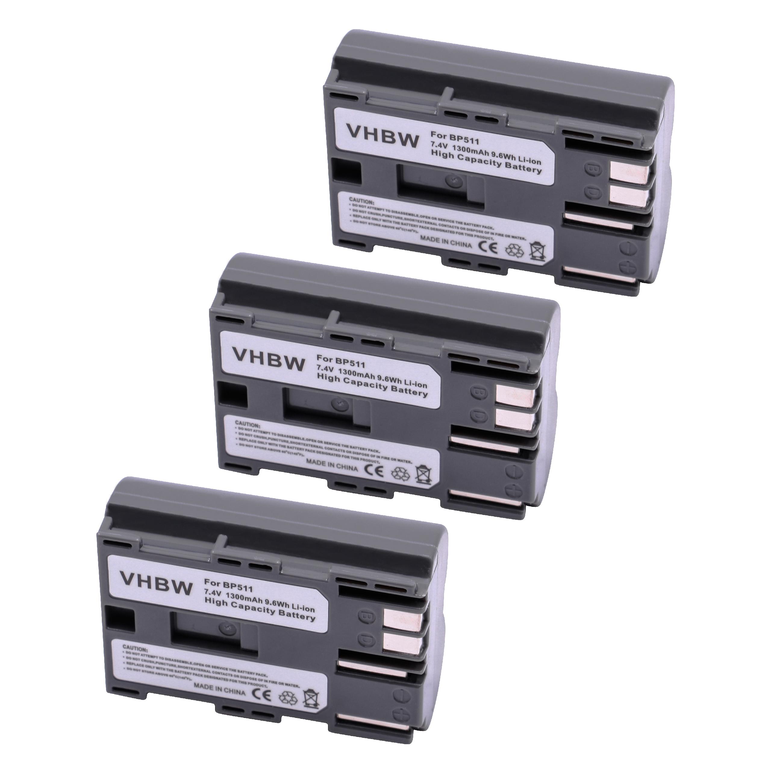 3x Battery Replacement for Canon BP-508, BP-511A, BP-511, BP-522, BP-512, BP-514 - 1300mAh, 7.2V, Li-Ion