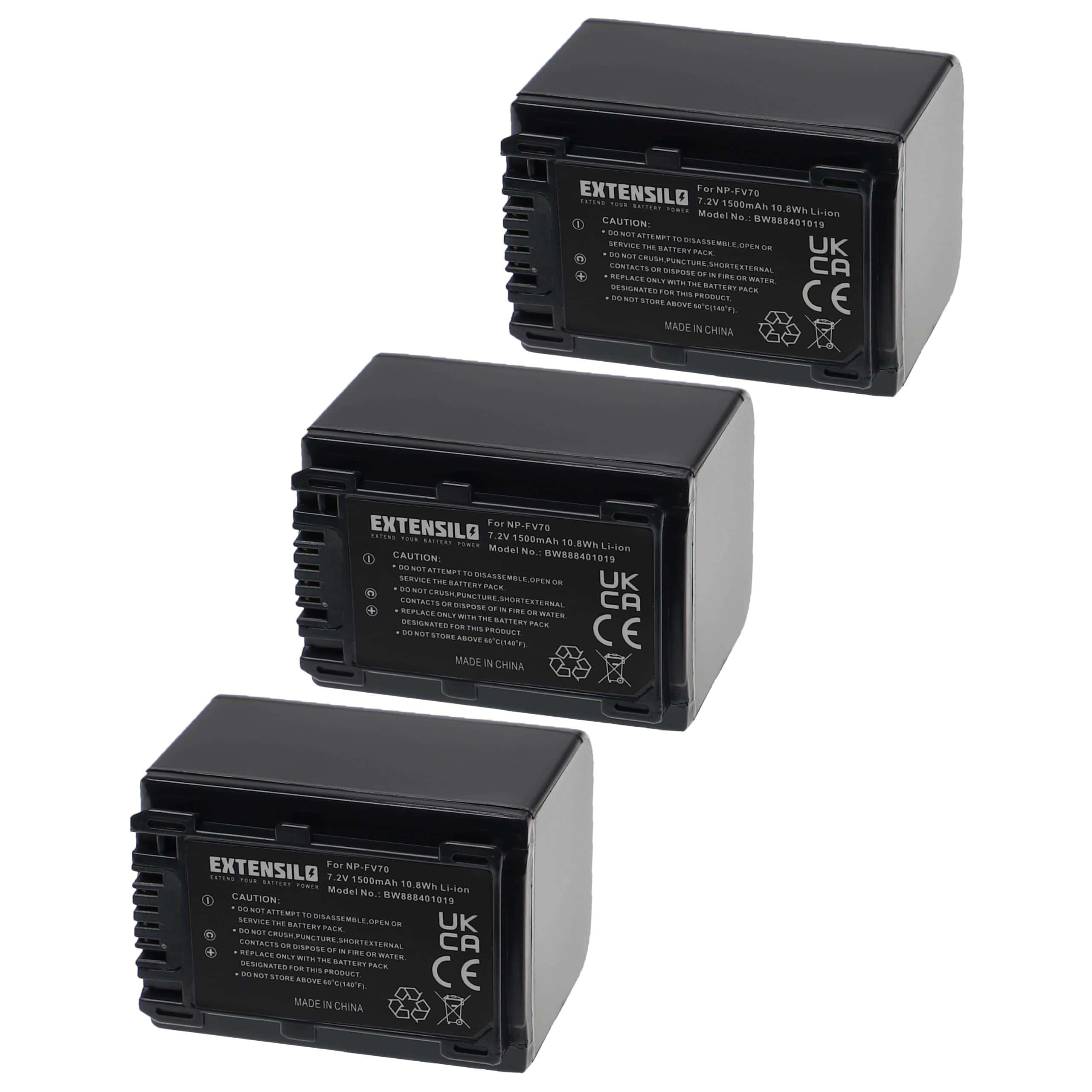 3x Battery replaces Sony NP-FV50, NP-FH71, NP-FV100, NP-FV70, NP-FH100, NP-FH50 - 1500mAh, 7.2V, Li-Ion