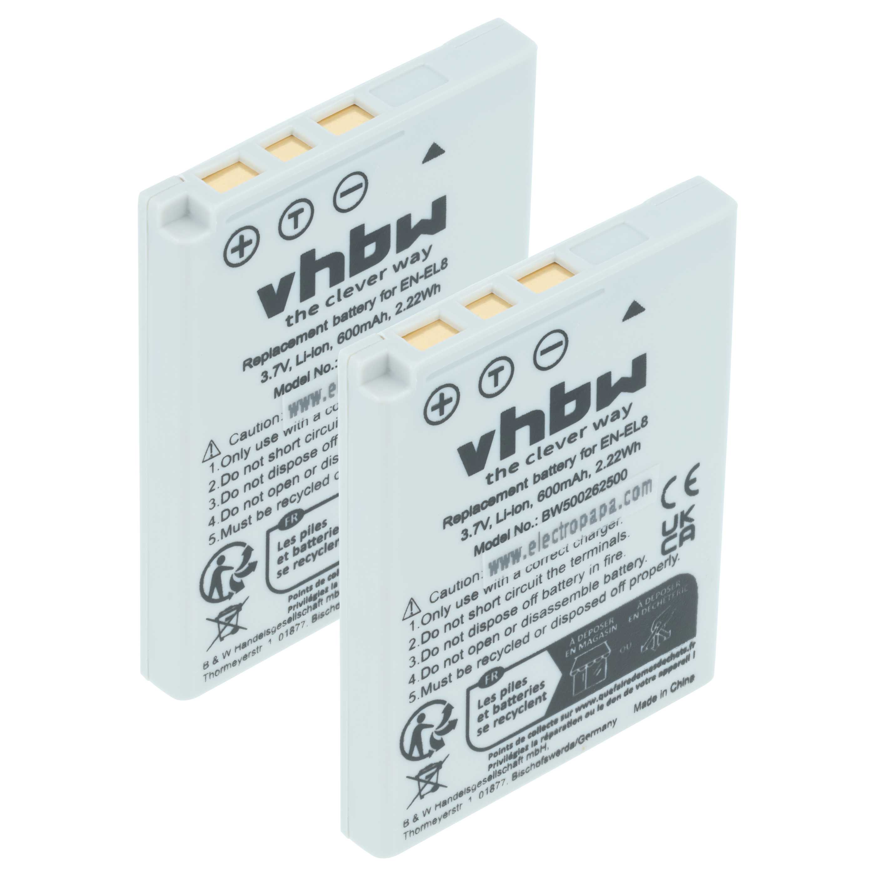 2x Battery replaces Nikon EN-EL8 - 600mAh, 3.6V, Li-Ion