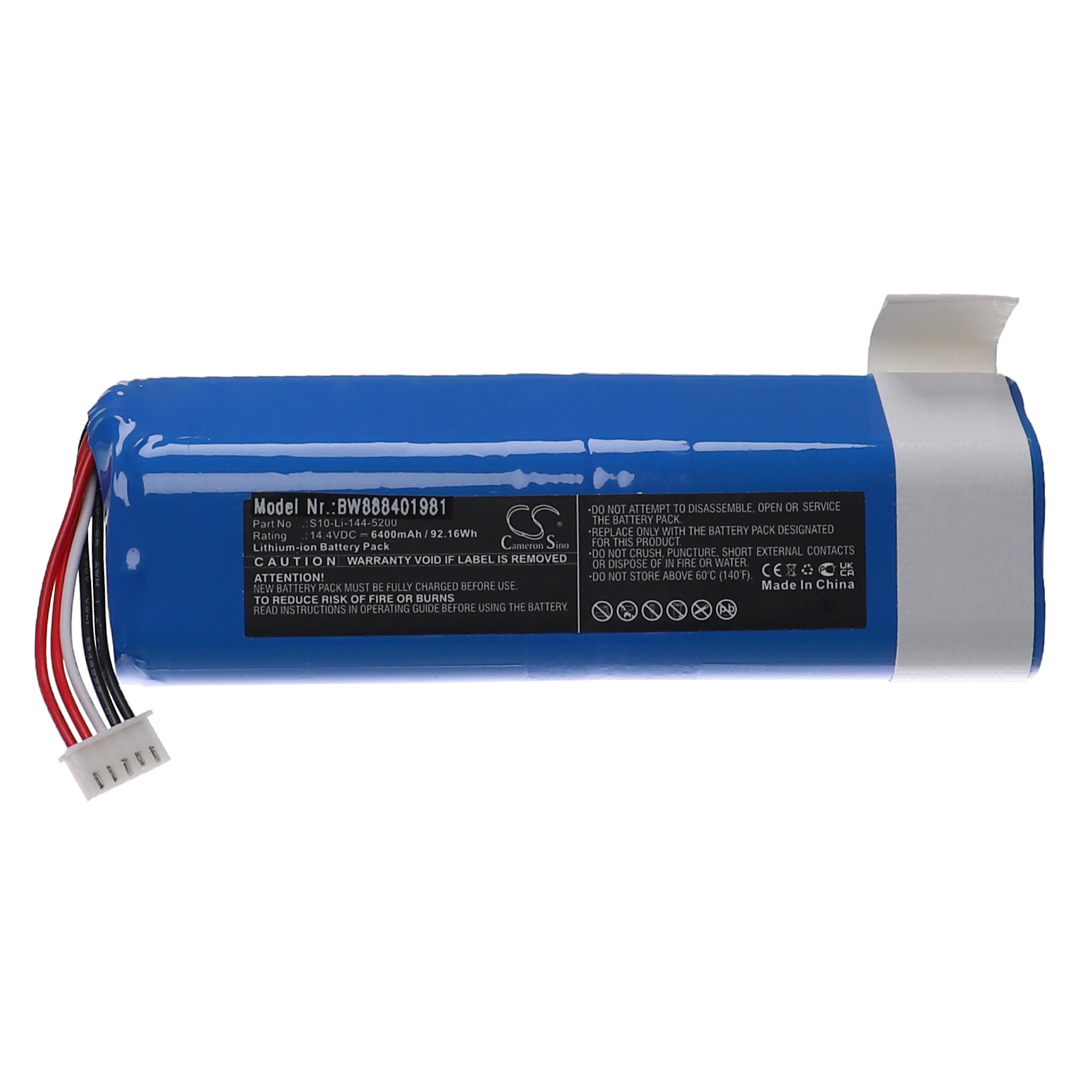 Battery replaces Ecovacs 201-1913-4200, 201-1913-4201, S10-Li-144-5200 for Ecovacs 6400mAh, 14.4V, Li-Ion