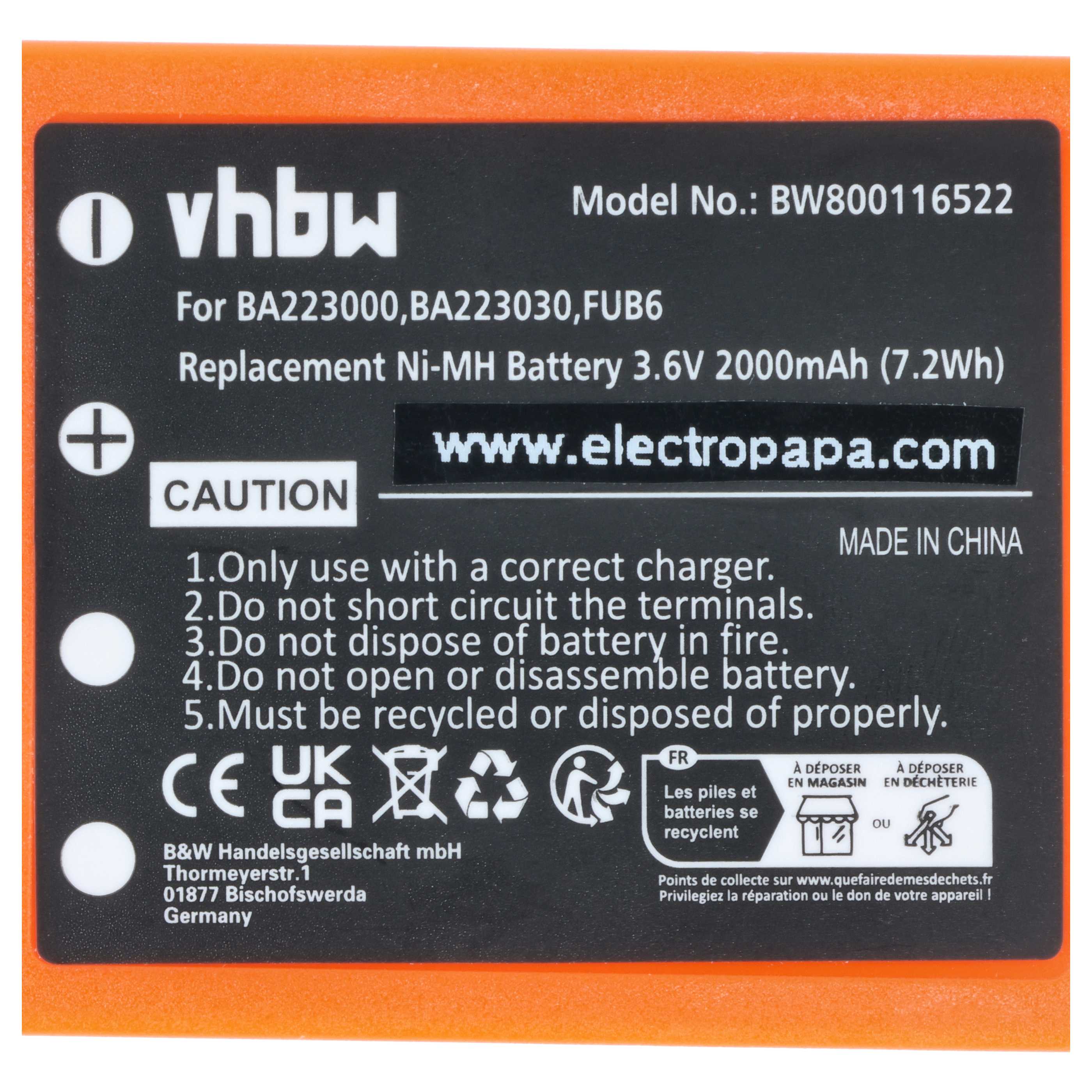 Batterie (10 pièces) remplace HBC FBFUB09N, BA223031, BA223001, FUA39, BA223000, BA223030 - 2000mAh 3,6V NiMH