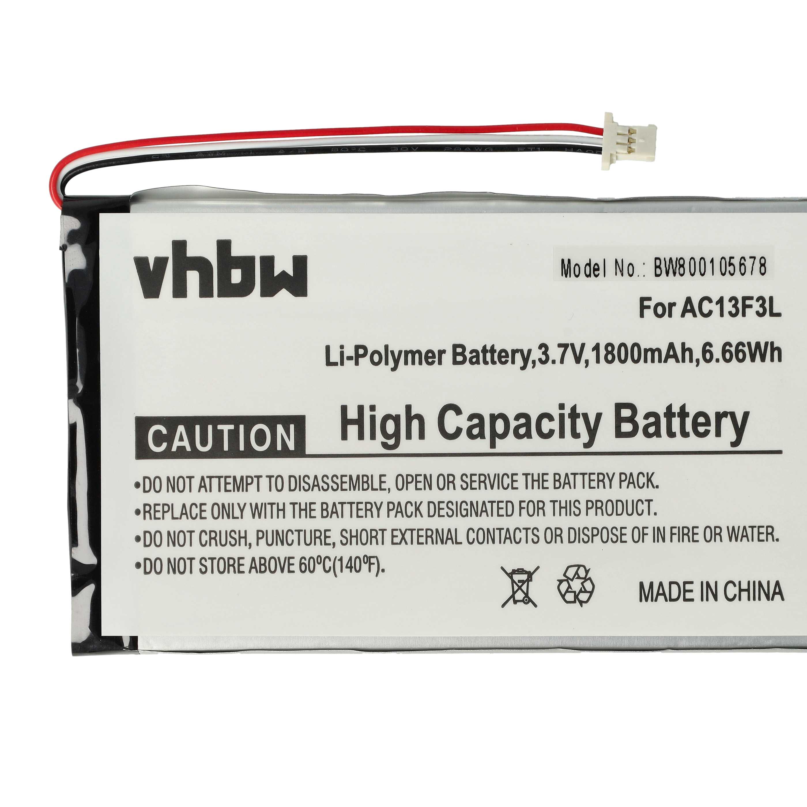 Tablet Battery Replacement for Acer KT.0010G.002D, BAT-715(1ICP5/58/94) - 1800 mAh 3.7 V Li-polymer