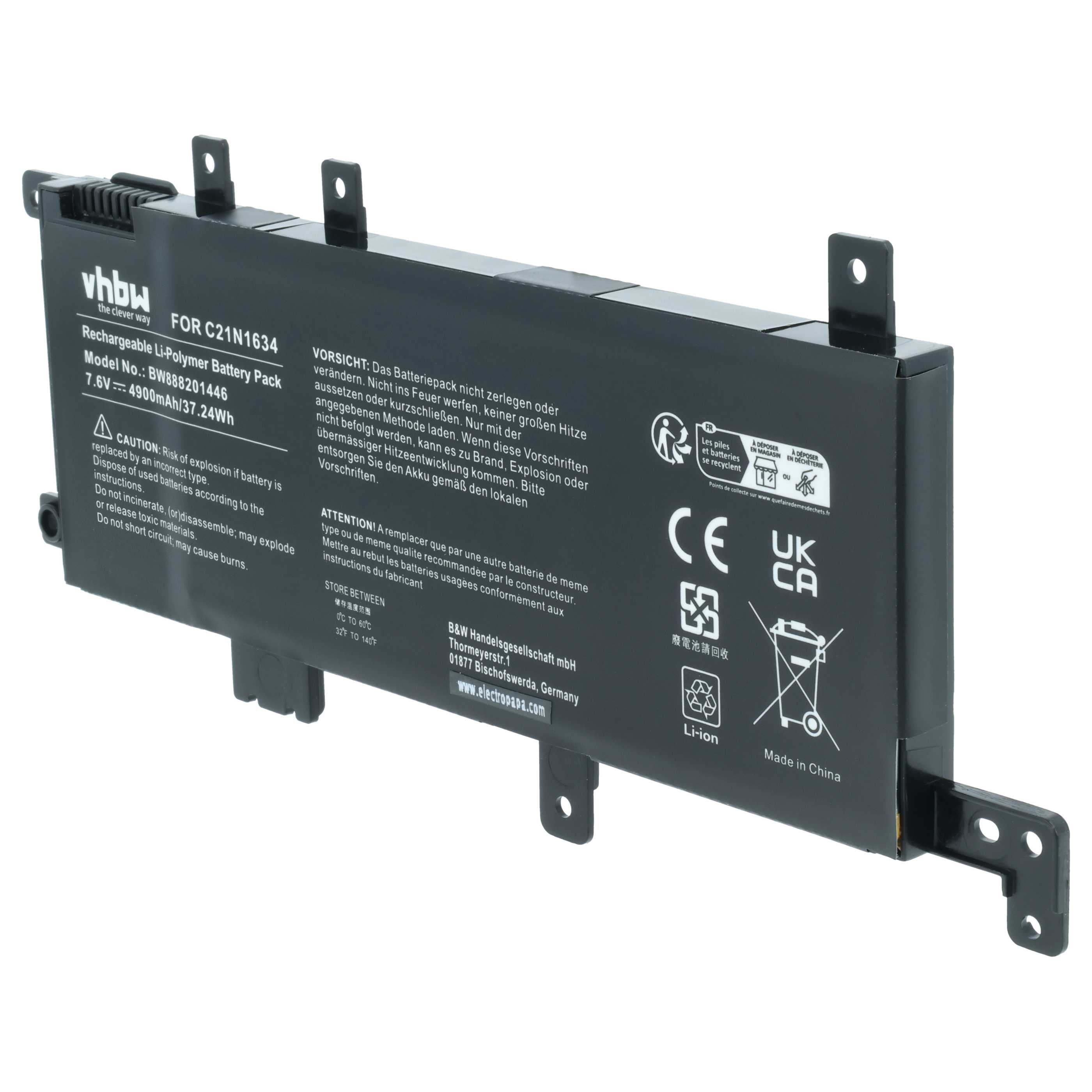 Akumulator do laptopa zamiennik Asus 0B200-02550200, 0B200-02550000, C21N1634 - 4900 mAh 7,6 V LiPo, czarny