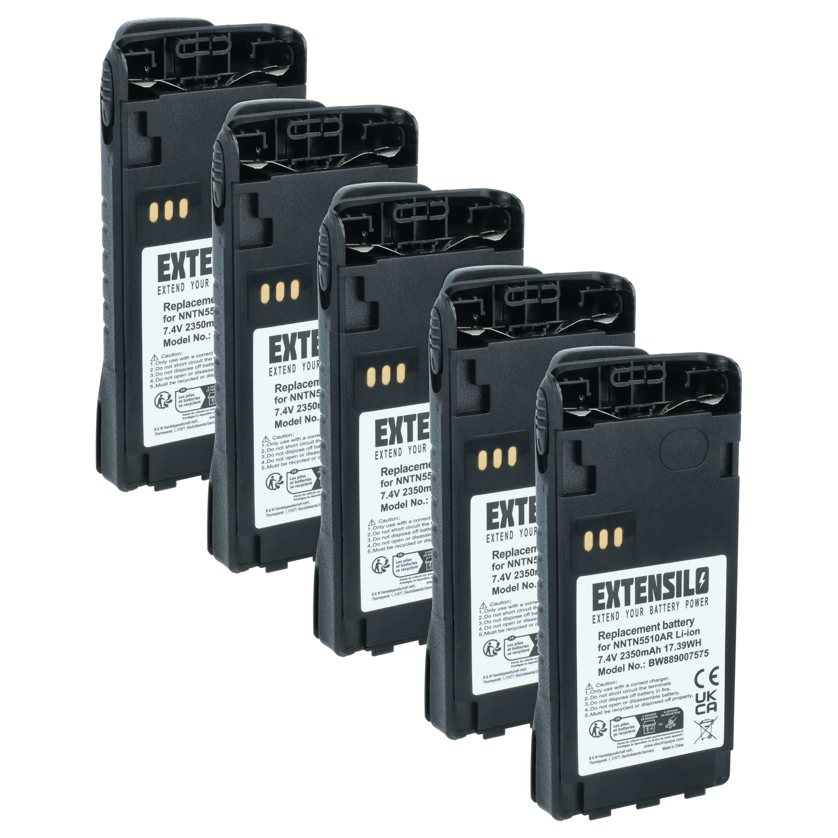 Radio 5x Battery replaces Motorola NNTN5510BR, NNTN5510AR - 2350 mAh 7.4 V Li-Ion + Belt Clip