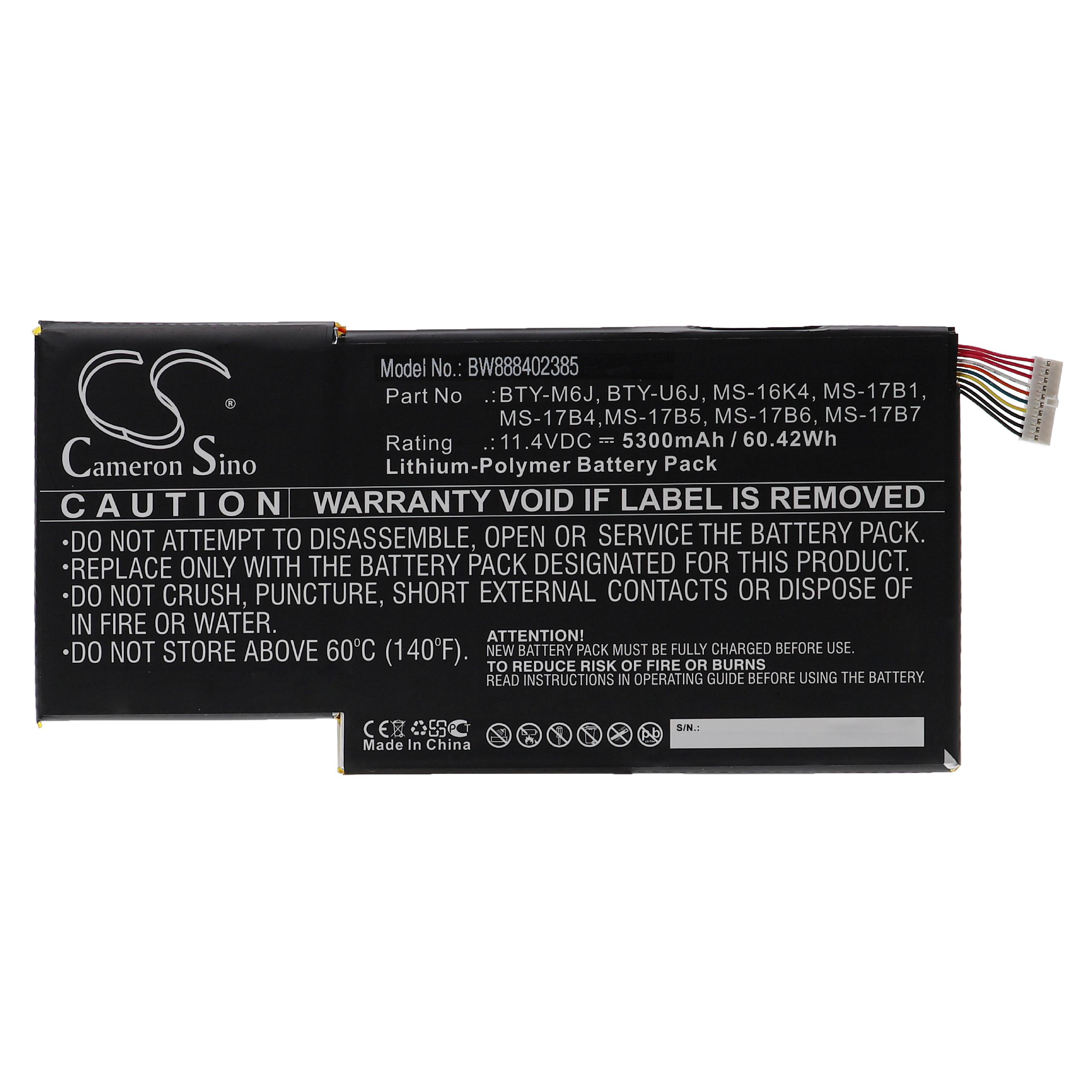 Batería reemplaza MSI MS-17B1, MS-16K4, BTY-U6J, BTY-M6J, MS-17B4 para notebook - 5300 mAh 11,4 V Li-poli