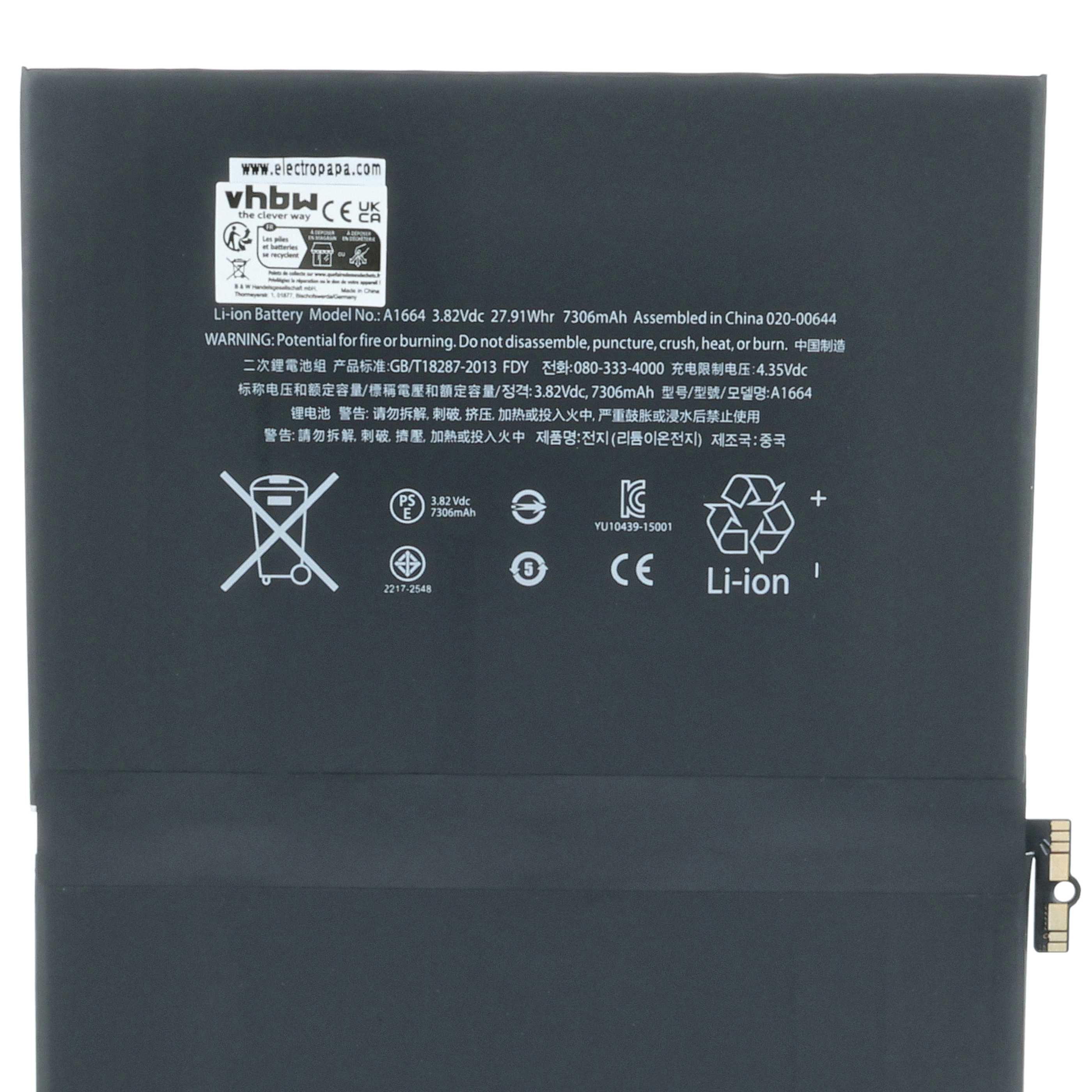 Tablet Battery Replacement for Apple A1664 - 7300 mAh 3.82 V Li-polymer