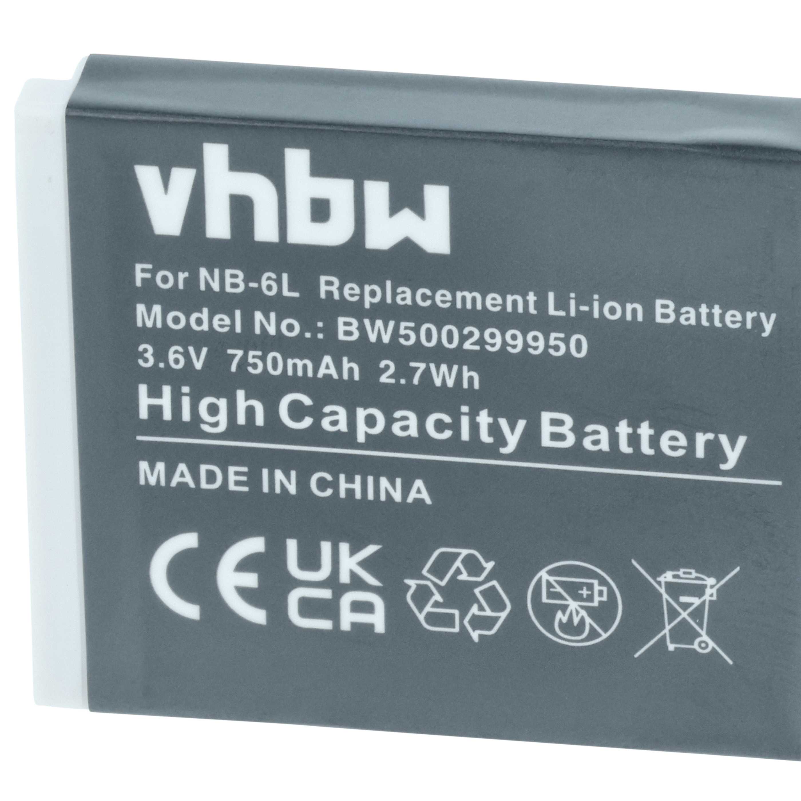 2x Battery replaces Canon NB-6L - 750mAh, 3.6V, Li-Ion