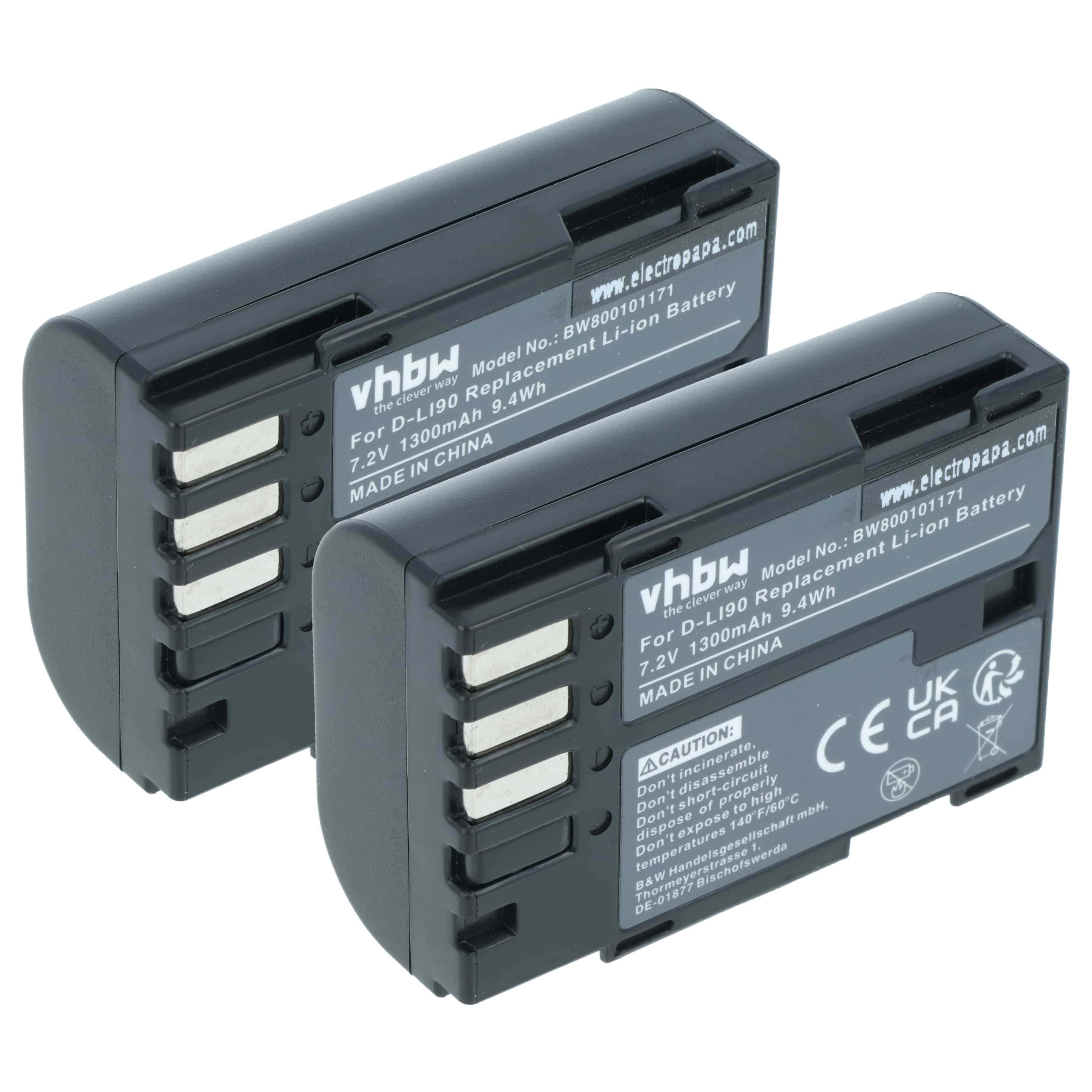 2x Battery replaces Pentax D-Li90 - 1300mAh, 7.2V, Li-Ion