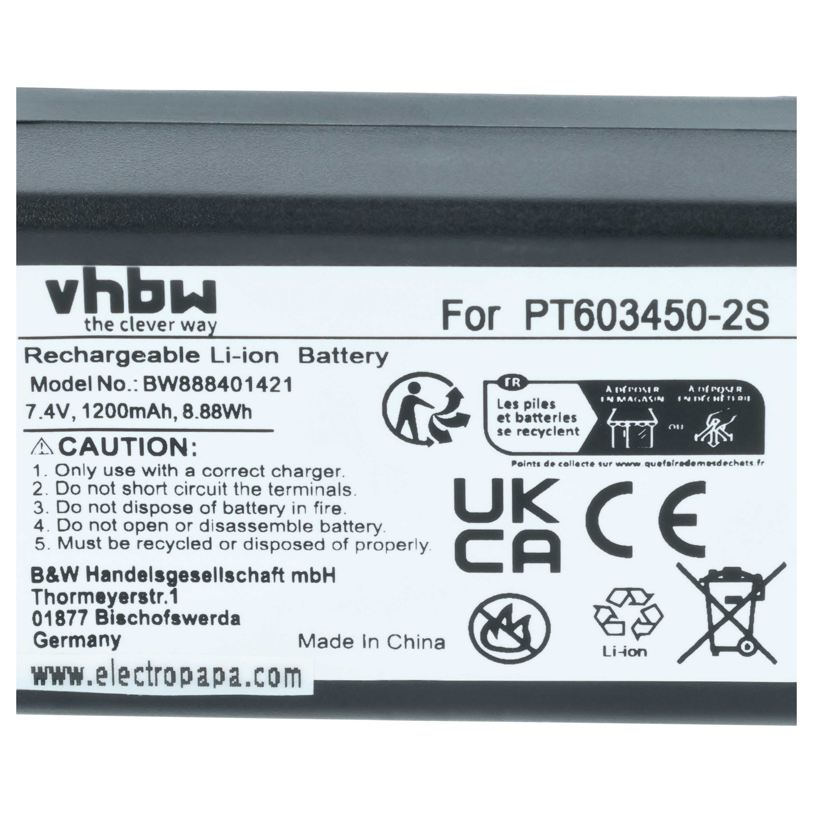 Batería reemplaza CEM PT603450-2S para dispositivo medición (1200 mAh, 7,4 V, Li-Ion)