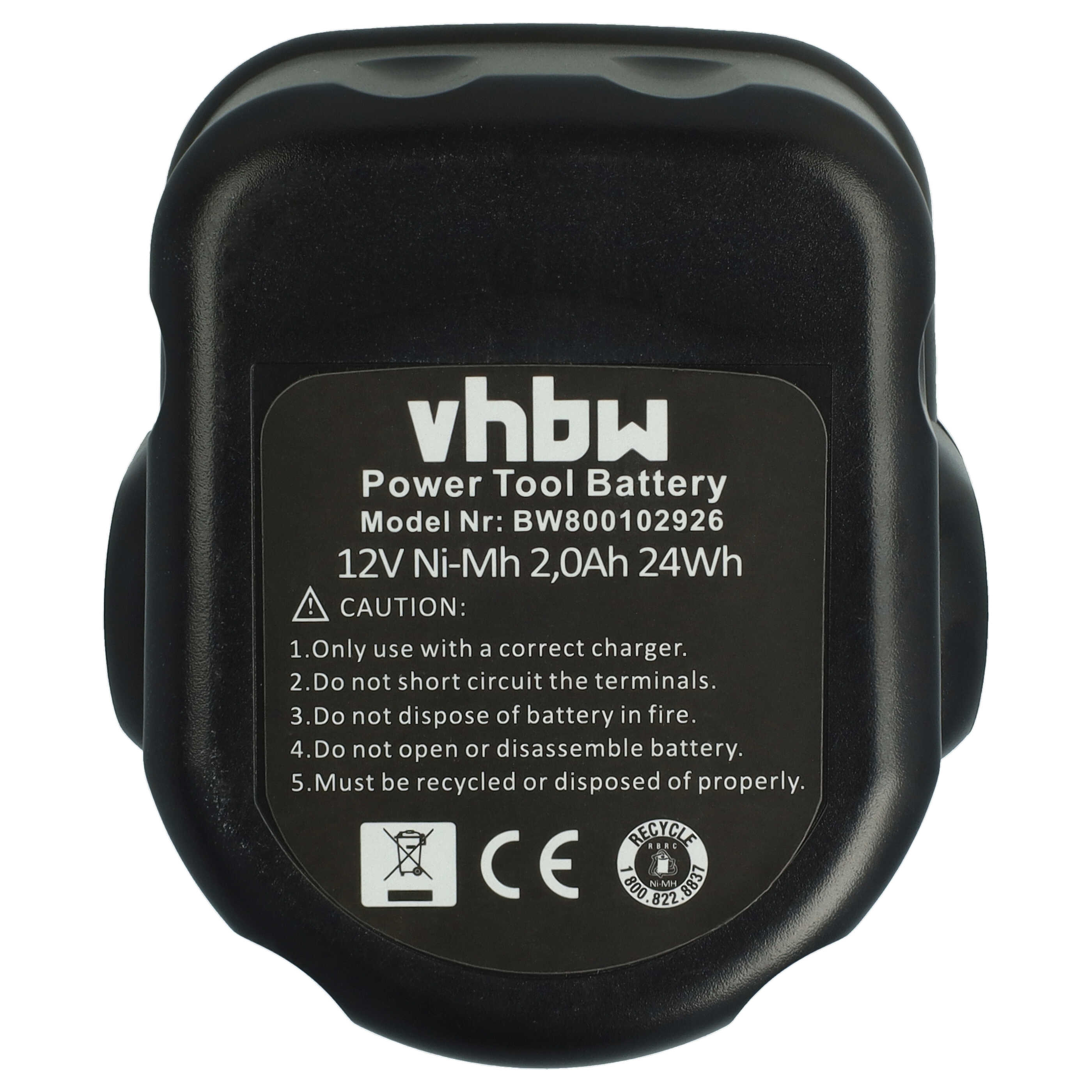 Batteria per attrezzo sostituisce Black & Decker A9252 - 2000 mAh, 12 V, NiMH