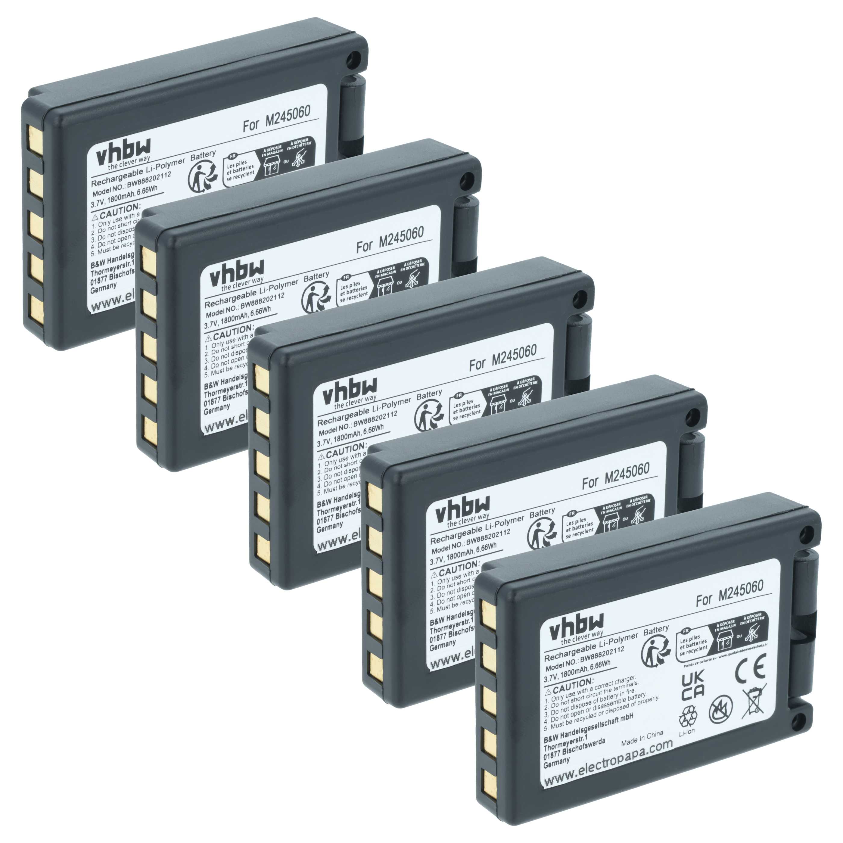 Batterie (5 pièces) remplace Teleradio M245060, 22.381.2, D00004-02 - 1800mAh 3,7V Li-polymère