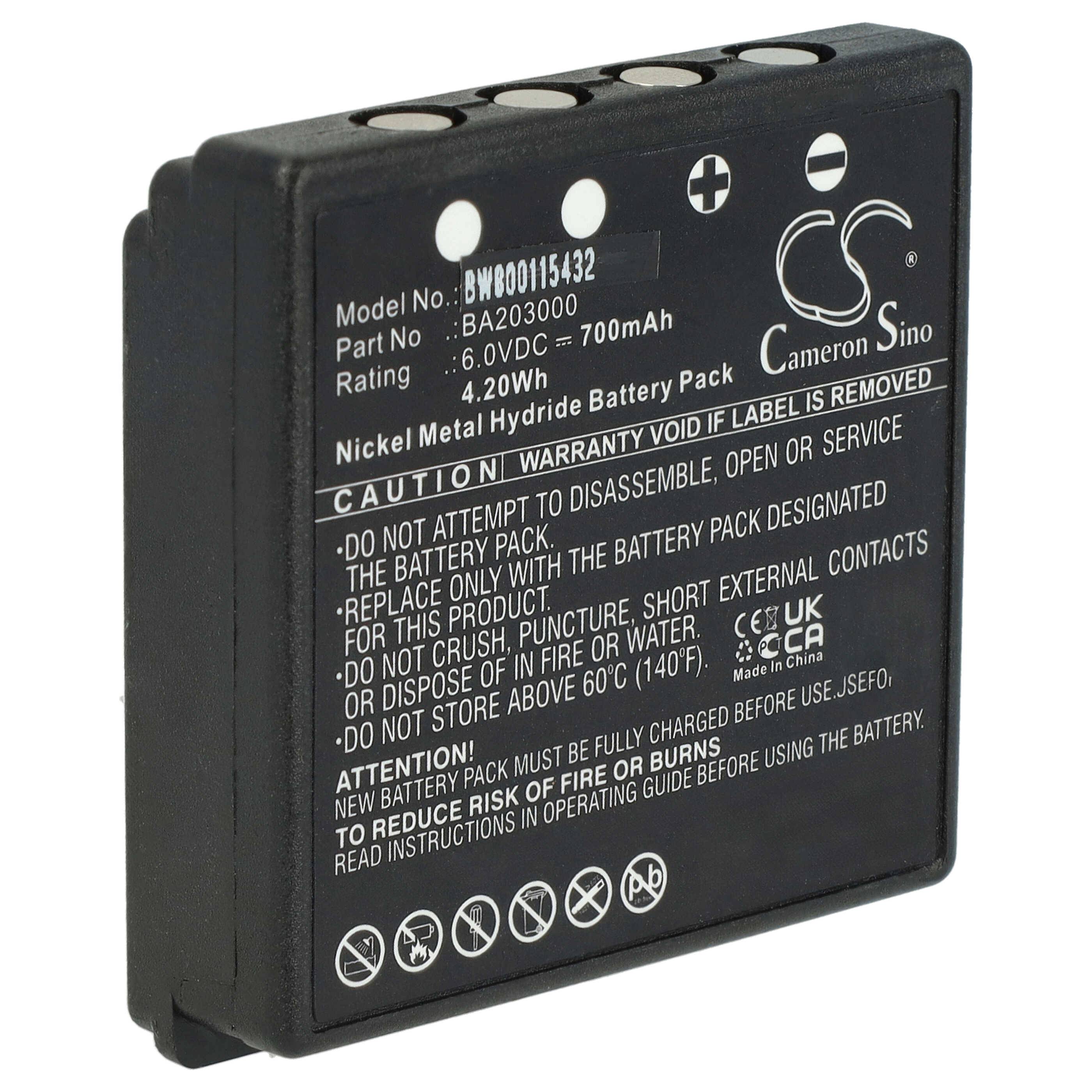Batterie remplace HBC BA203000, BA205030, 005-01-00615 pour télécomande industrielle - 700mAh 6V NiMH