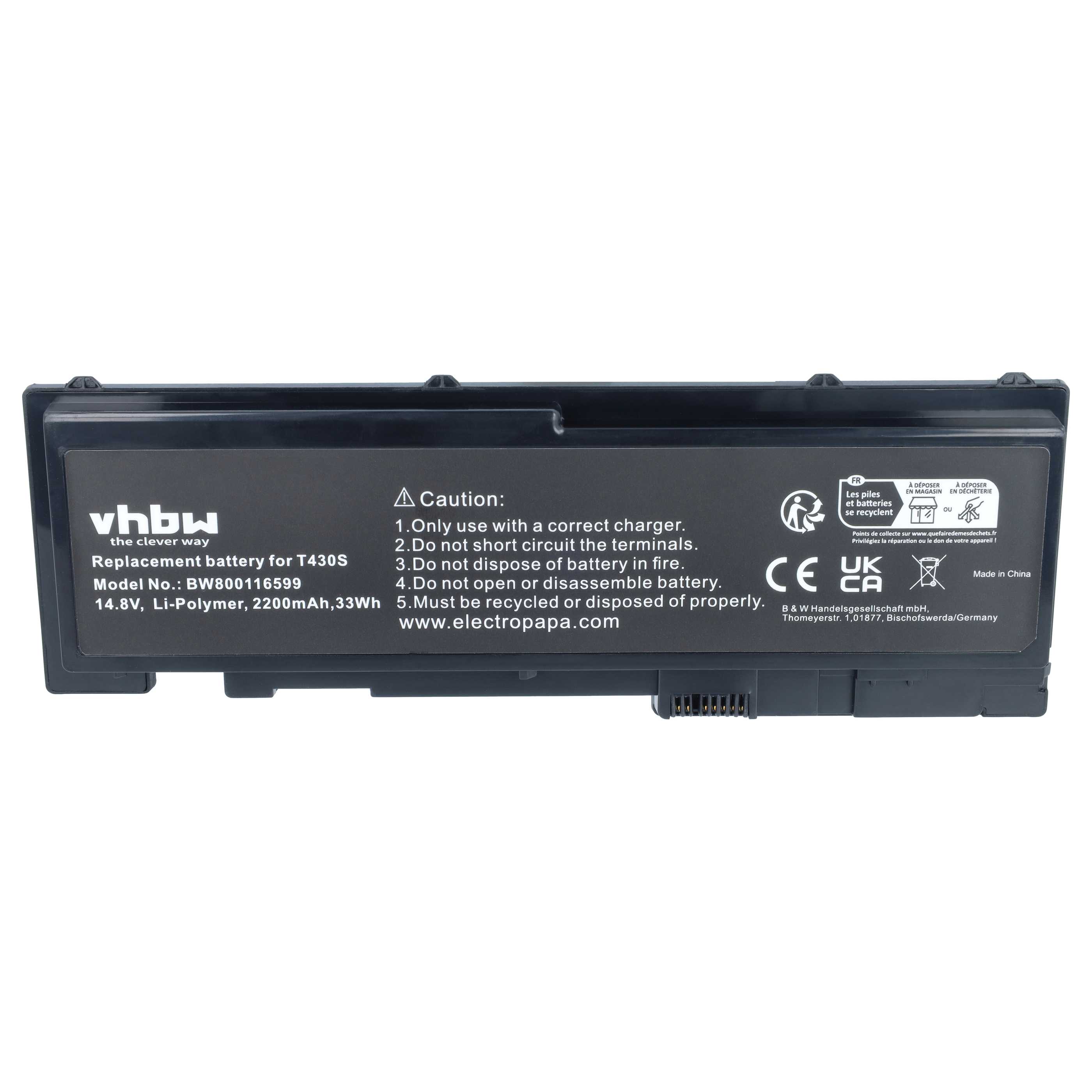 Notebook Battery replaces Lenovo 0A36309, 0A36287, 42T4845, 42T4846, 42T4844 - 2200 mAh 14.8 V Li-Ion, black