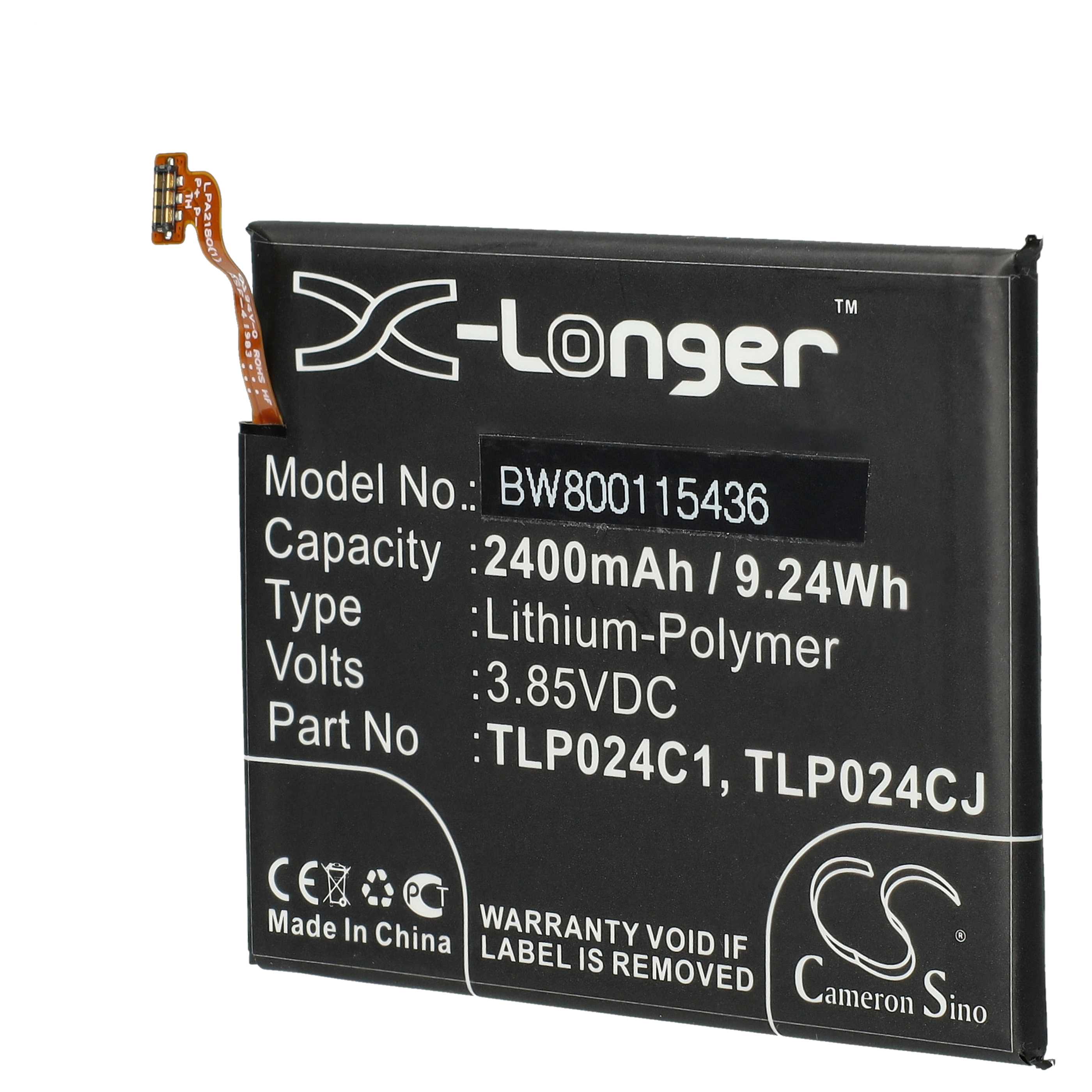 Mobile Phone Battery Replacement for TLP024C2, TLP024C1, CAC2400011C1, C2400007C2 - 2400mAh 3.85V Li-polymer